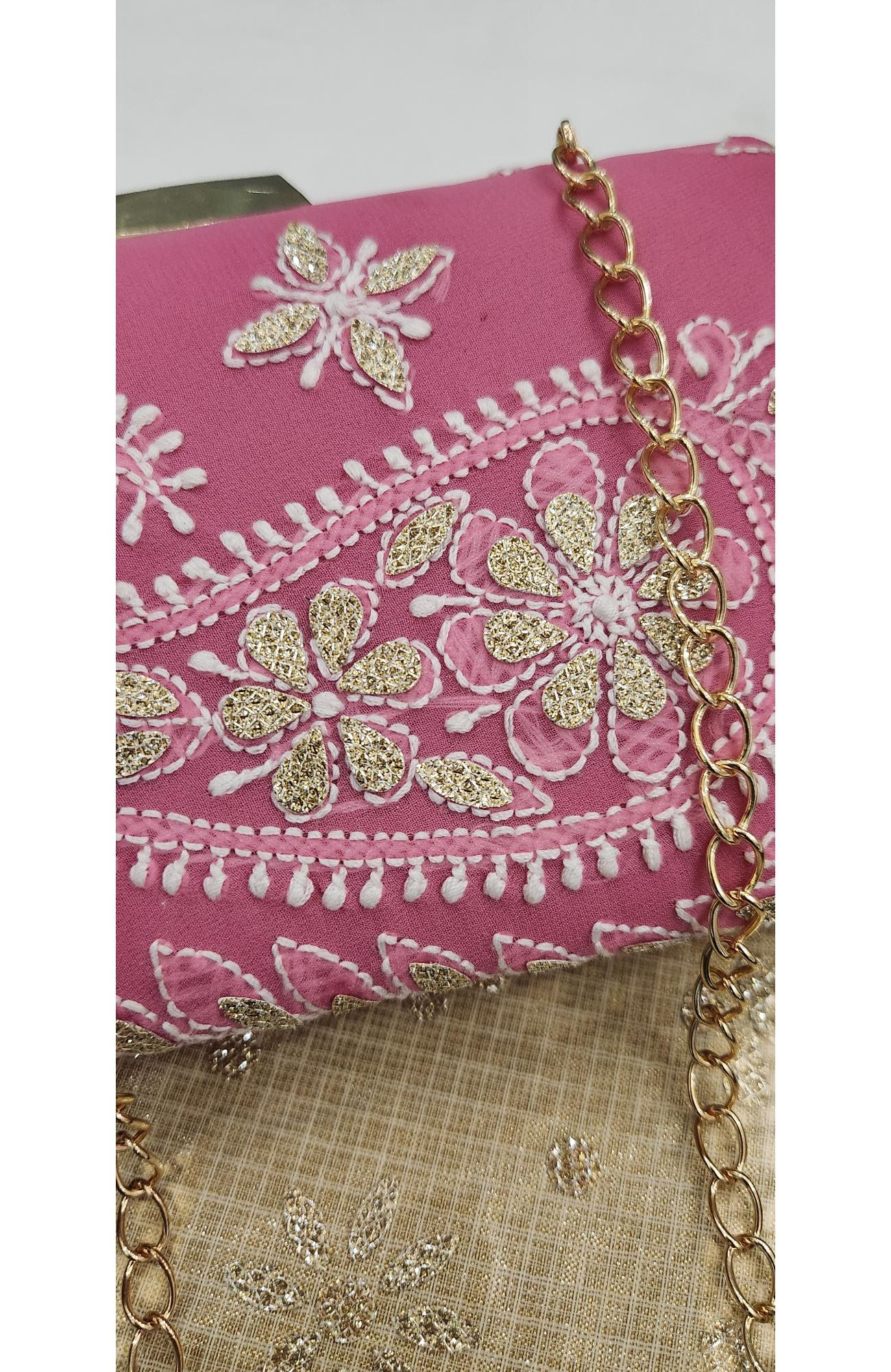 Pink Pure Georgette Chikankari Bag Rohia Chhangamal