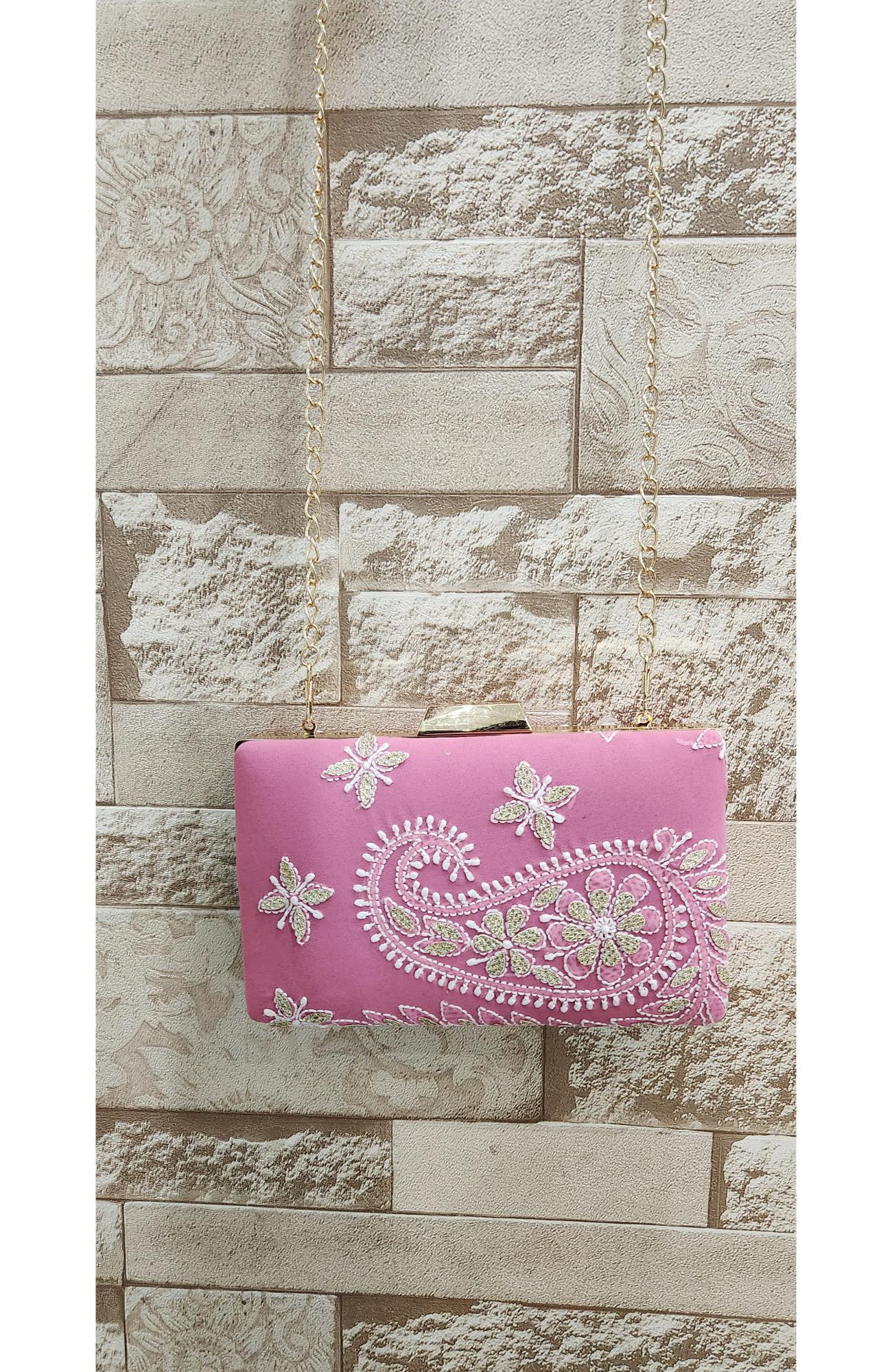 Pink Pure Georgette Chikankari Bag Rohia Chhangamal