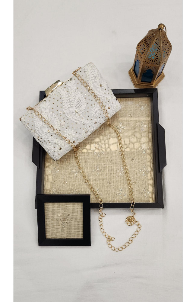Image of White Pure Georgette Chikankari Bag Rohia Chhangamal