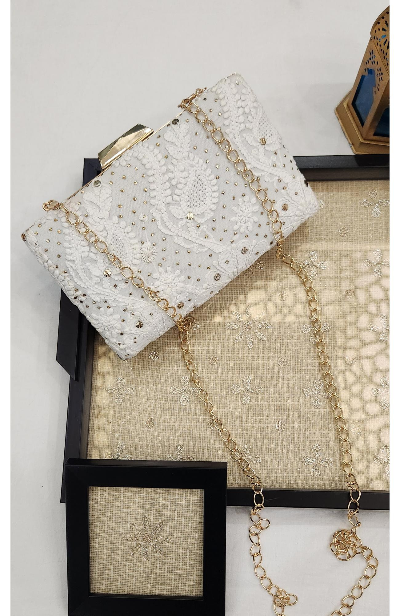 White Pure Georgette Chikankari Bag Rohia Chhangamal