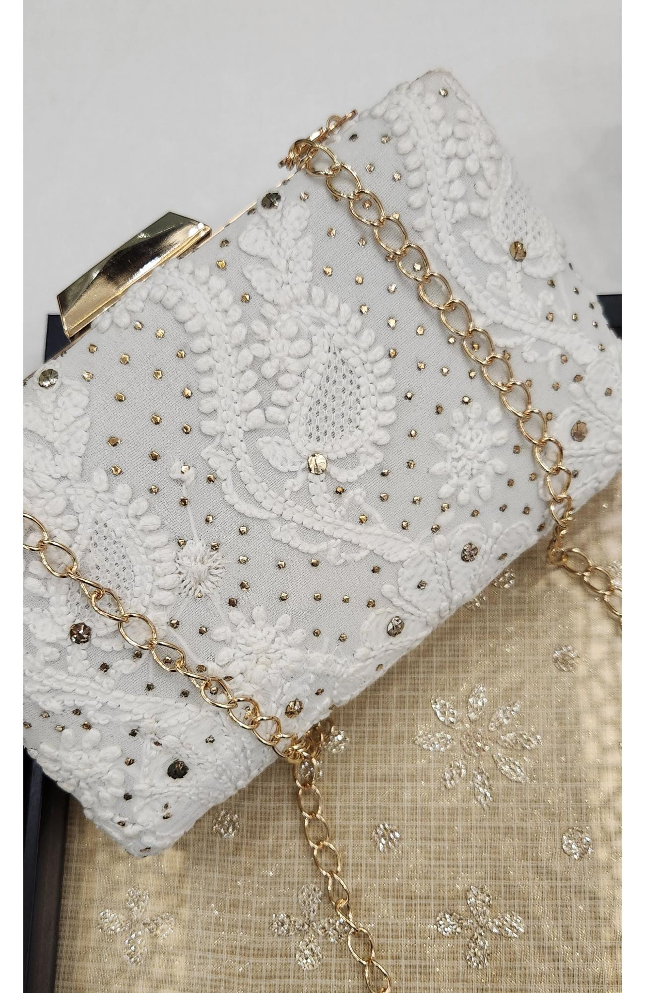 White Pure Georgette Chikankari Bag Rohia Chhangamal