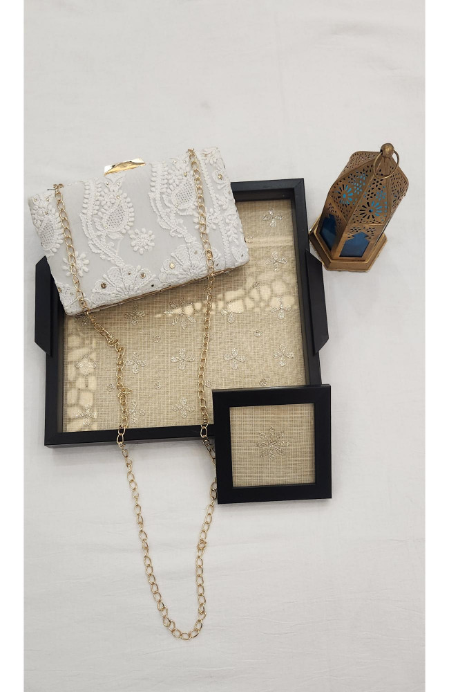 Image of White Pure Georgette Chikankari Bag Rohia Chhangamal