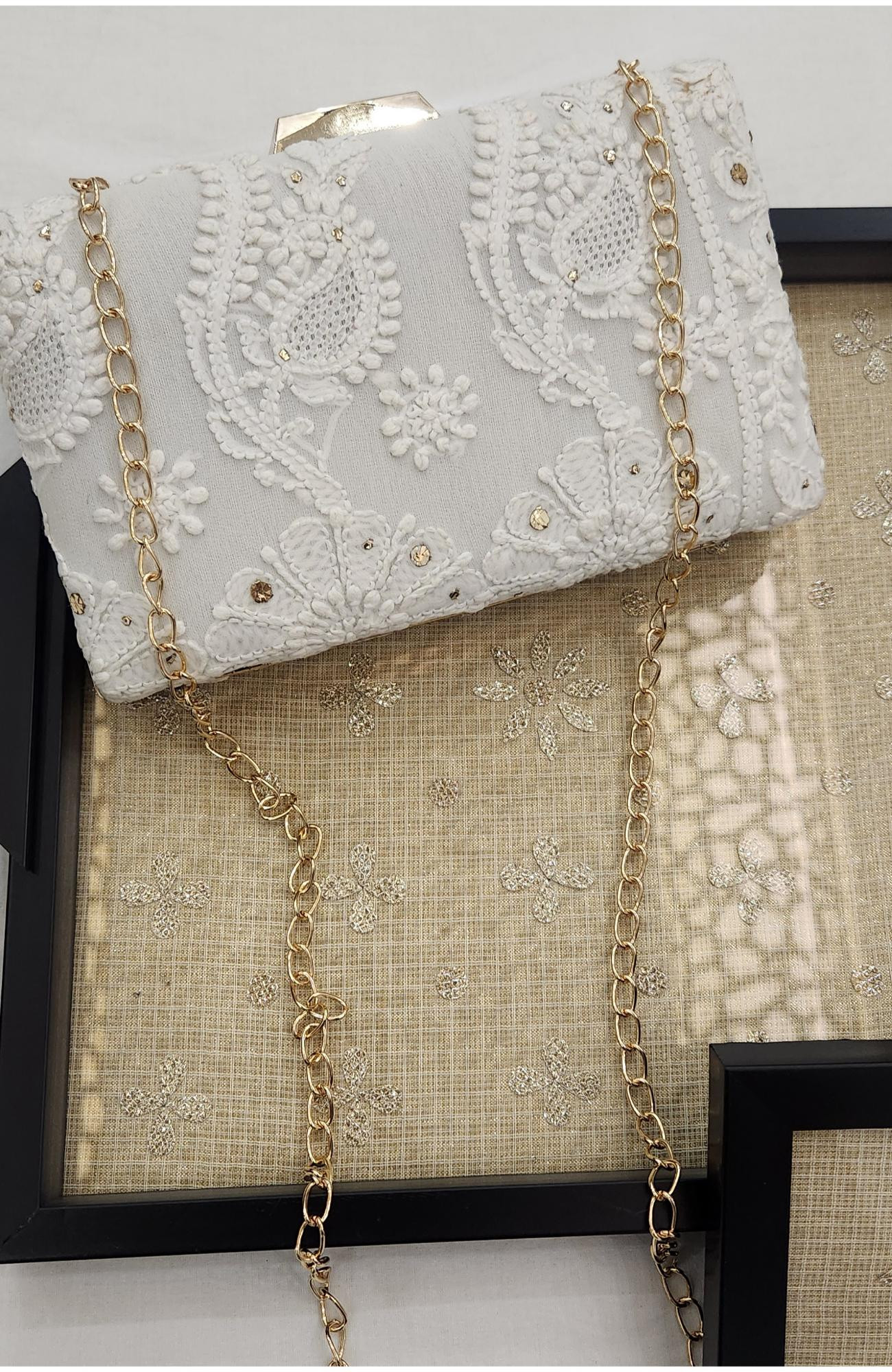 White Pure Georgette Chikankari Bag Rohia Chhangamal
