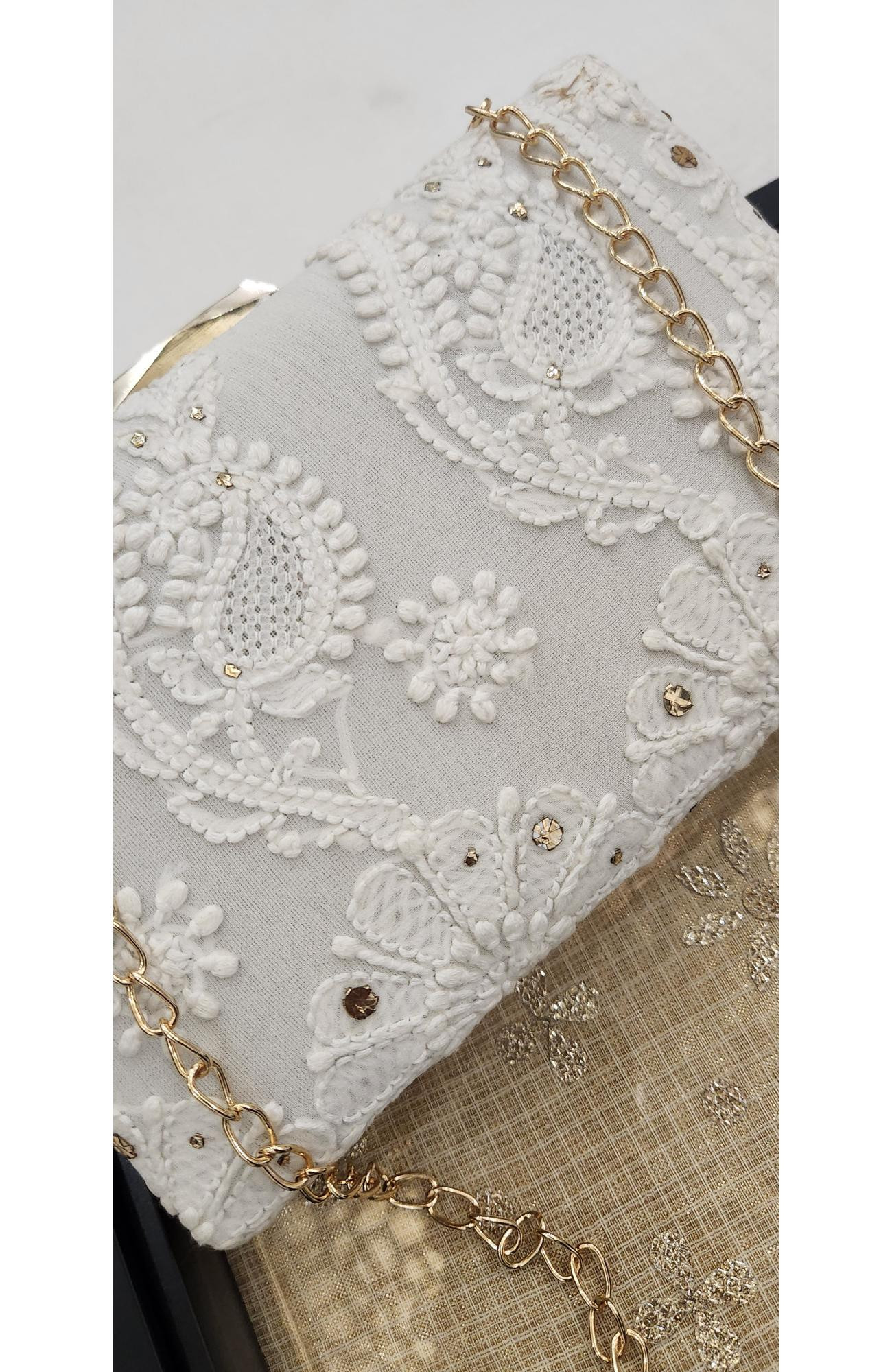 White Pure Georgette Chikankari Bag Rohia Chhangamal