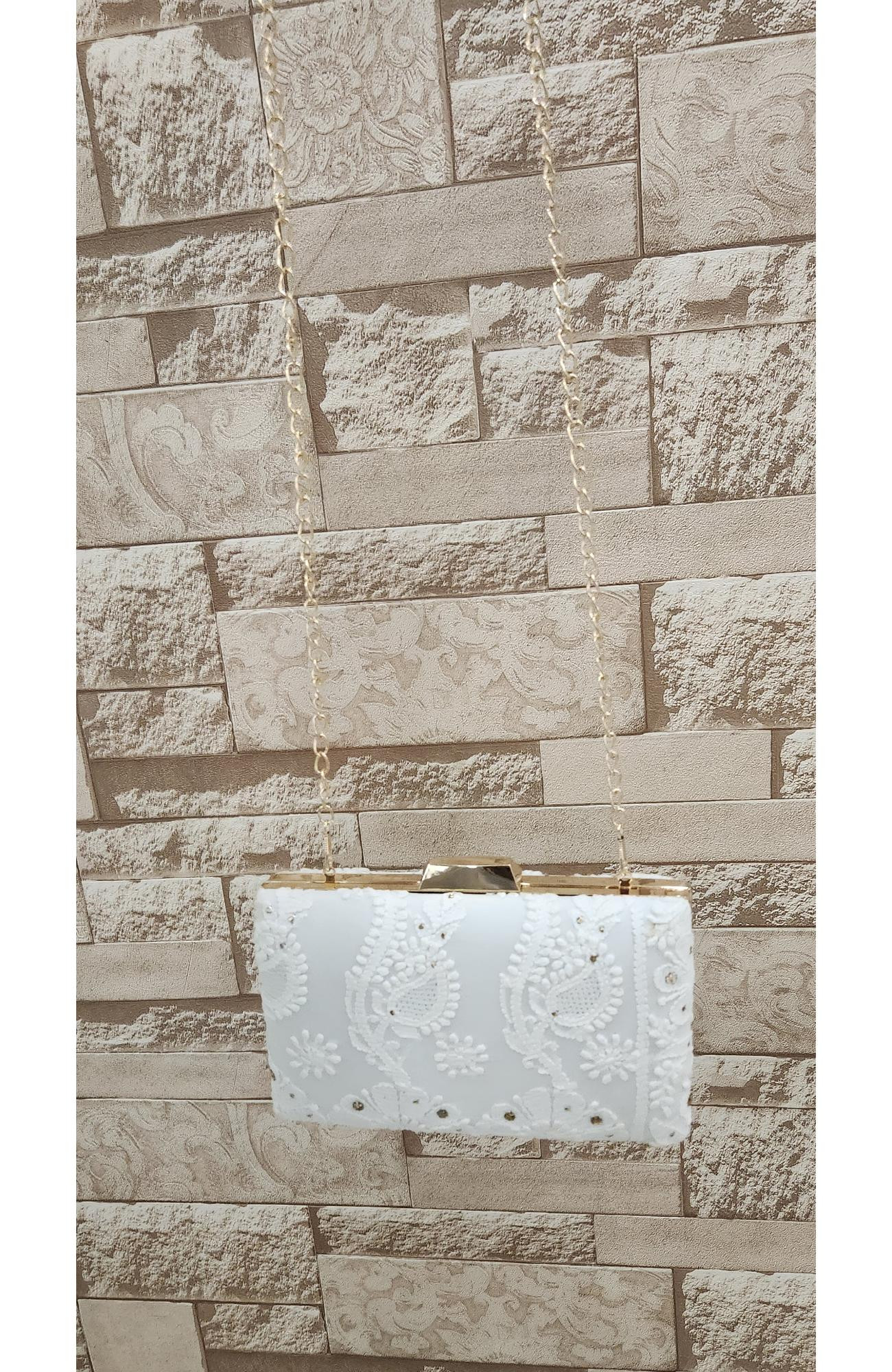White Pure Georgette Chikankari Bag Rohia Chhangamal