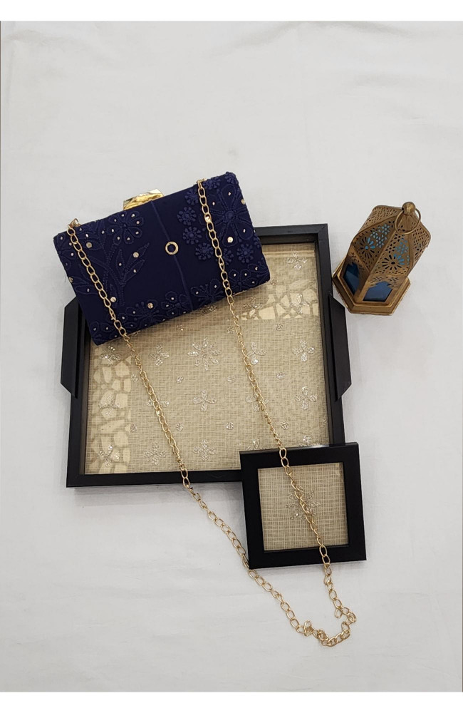 Image of Navy Blue Pure Georgette Chikankari Bag Rohia Chhangamal