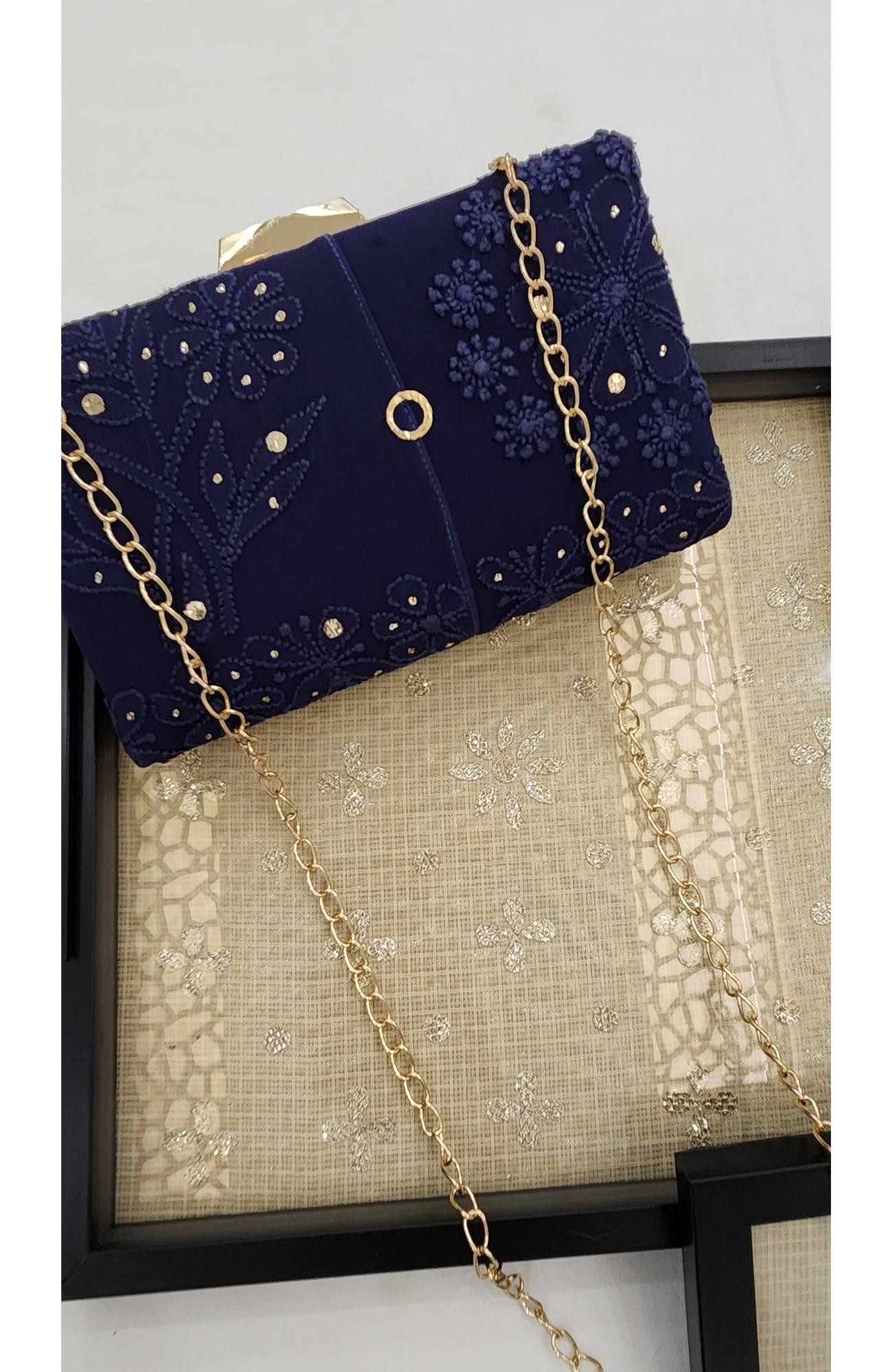 Navy Blue Pure Georgette Chikankari Bag Rohia Chhangamal