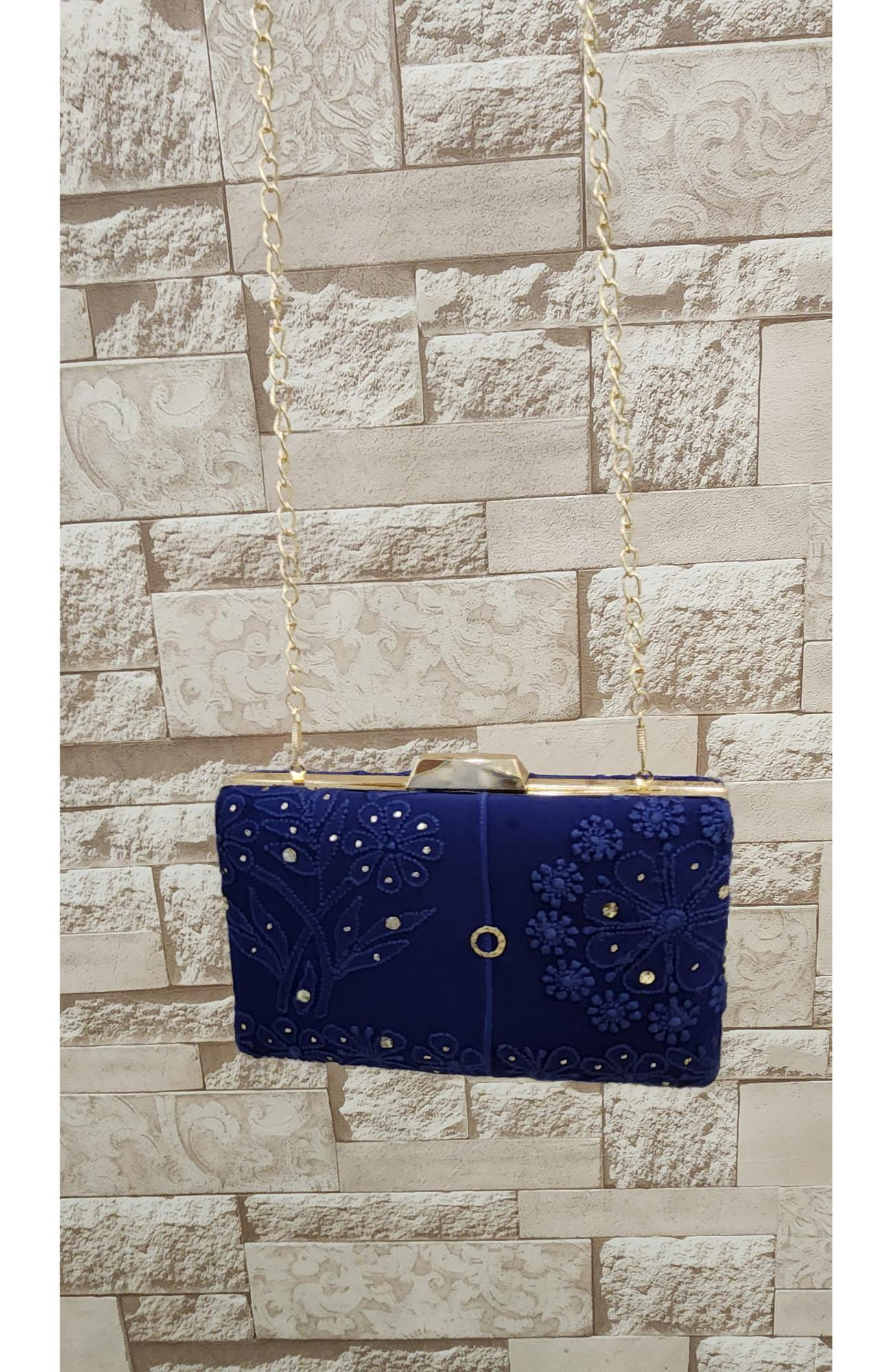 Navy Blue Pure Georgette Chikankari Bag Rohia Chhangamal