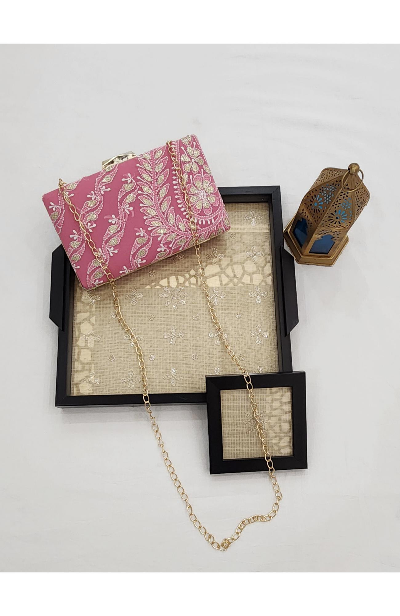 Pink  Pure Georgette Chikankari Bag Rohia Chhangamal