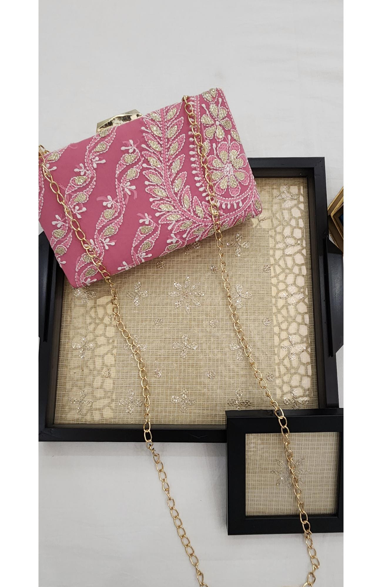 Pink  Pure Georgette Chikankari Bag Rohia Chhangamal