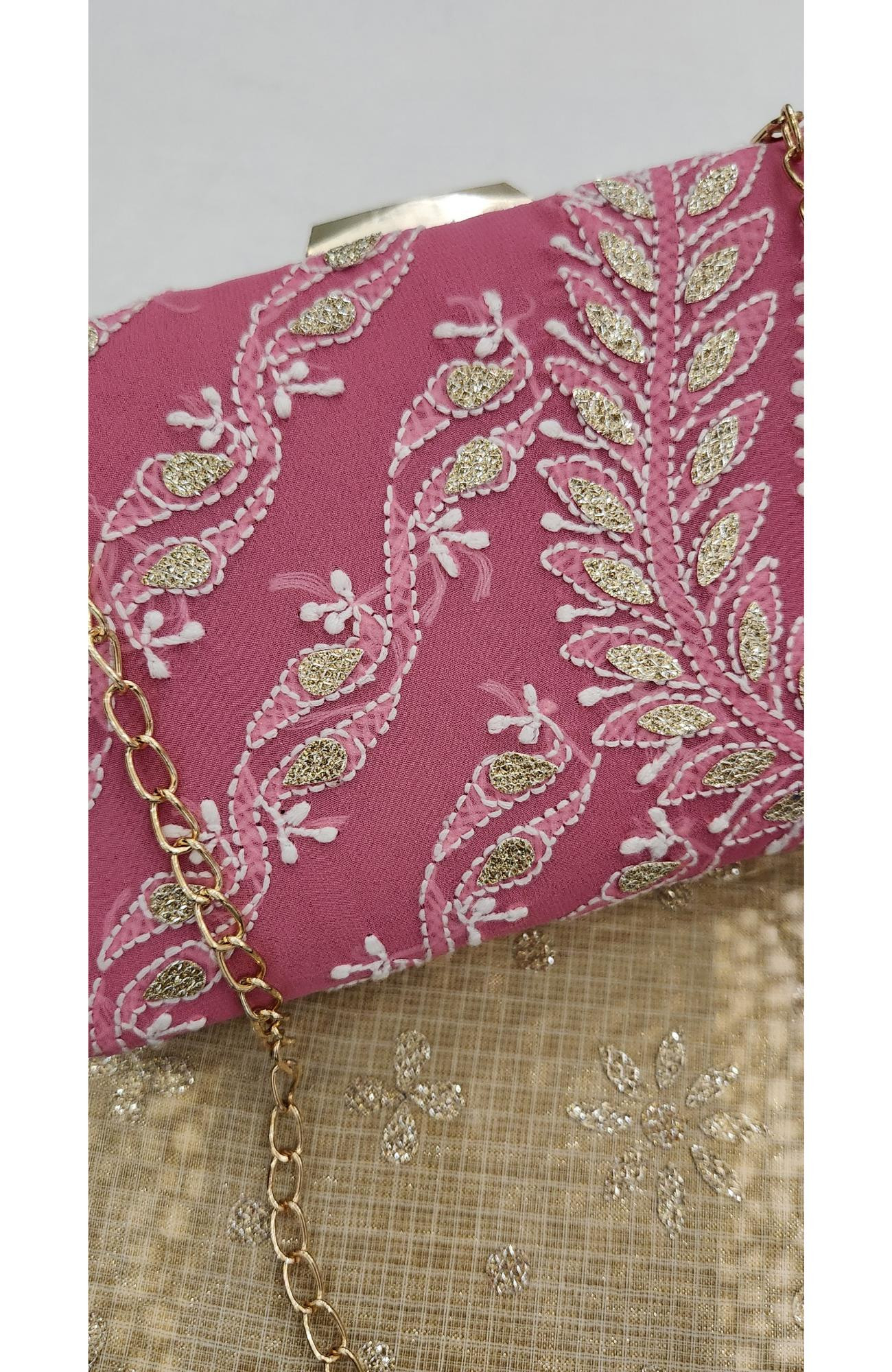 Pink  Pure Georgette Chikankari Bag Rohia Chhangamal