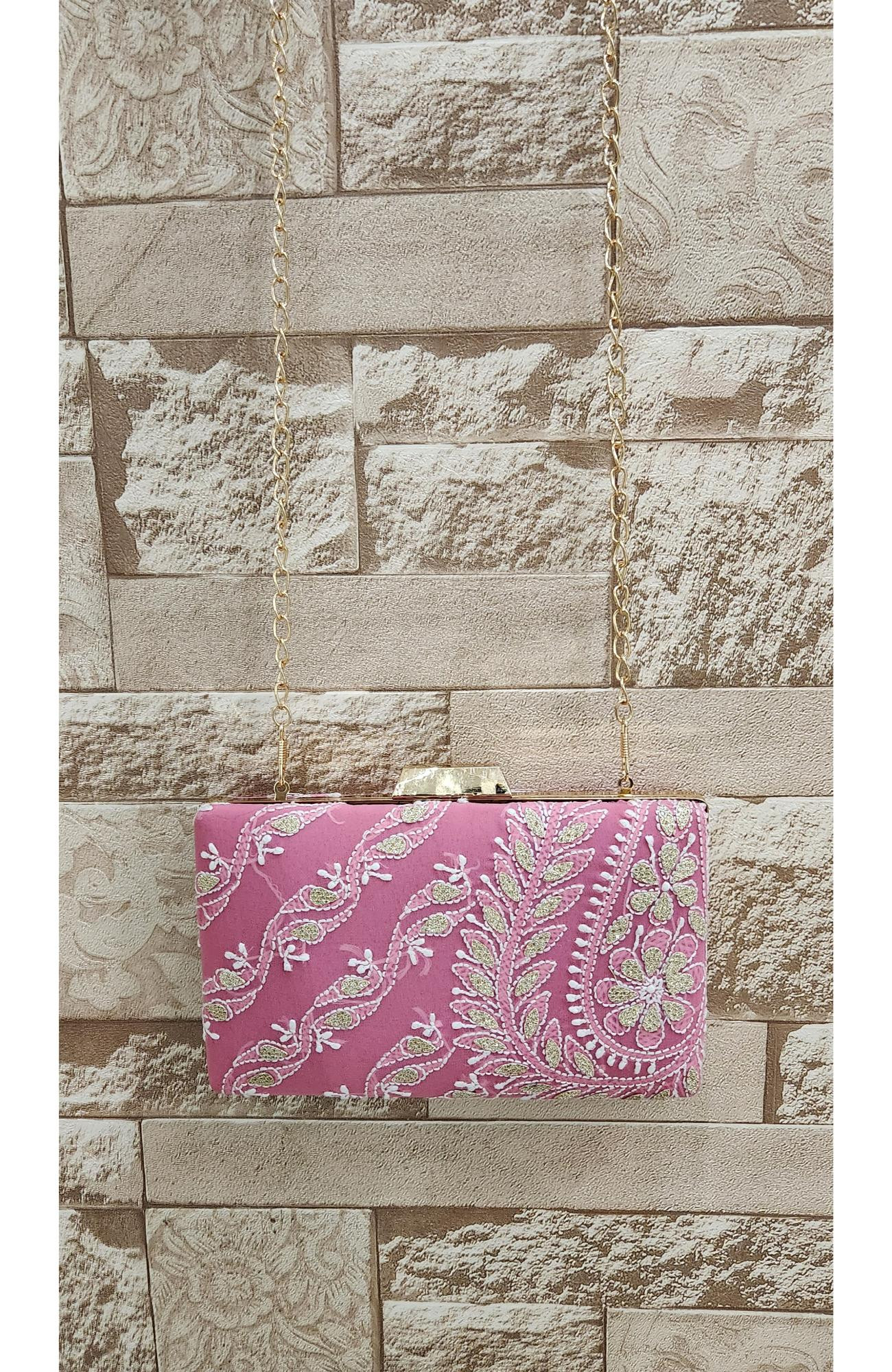 Pink  Pure Georgette Chikankari Bag Rohia Chhangamal