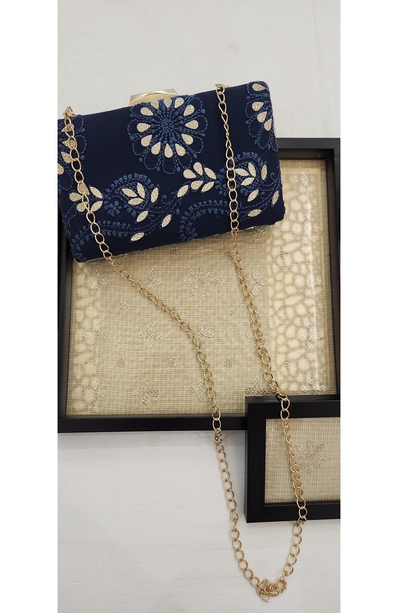 Navy Blue Pure Georgette Chikankari Bag Rohia Chhangamal