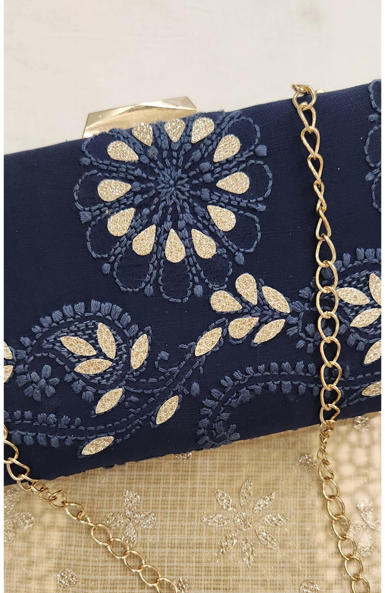 Navy Blue Pure Georgette Chikankari Bag Rohia Chhangamal