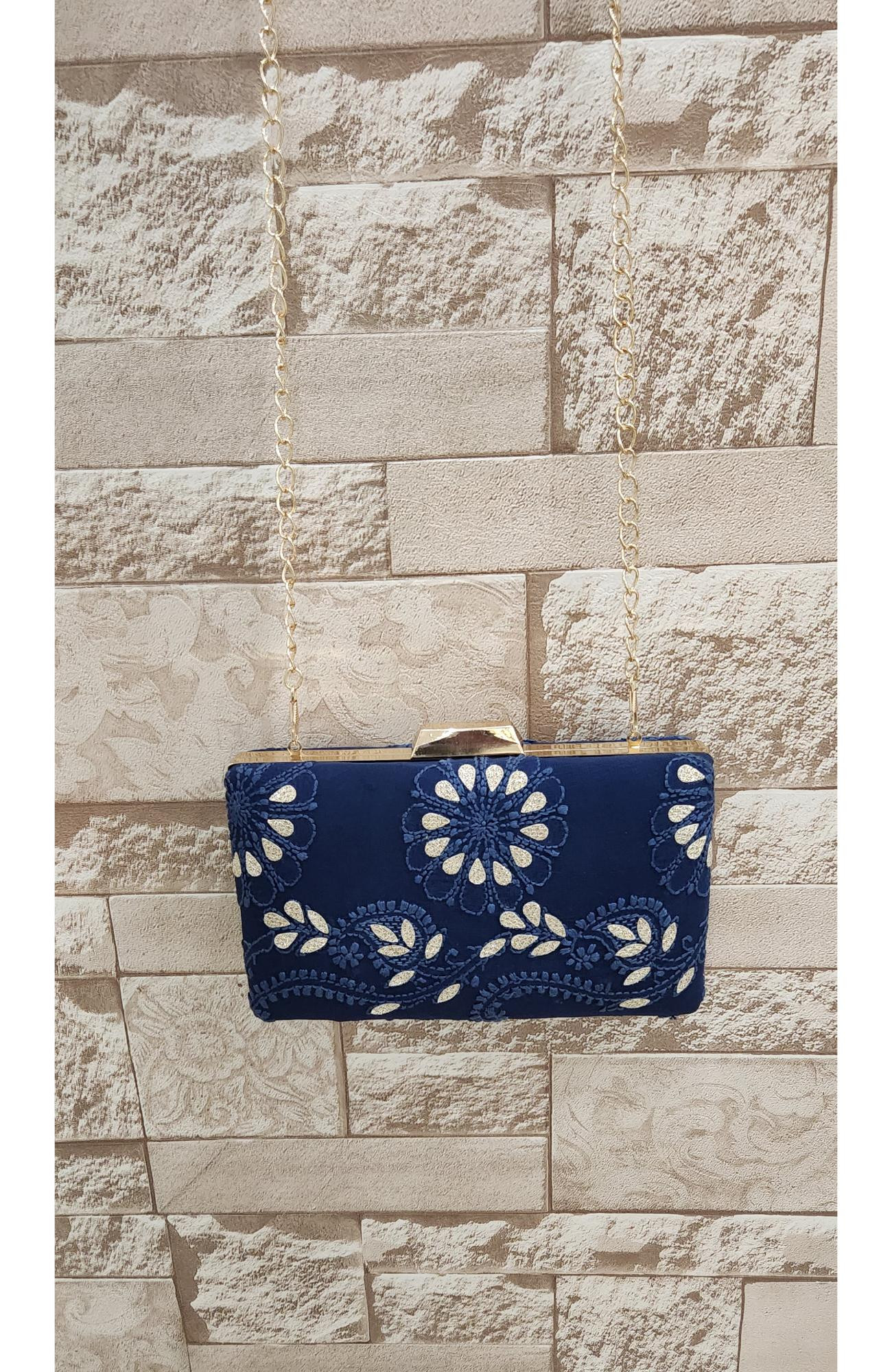 Navy Blue Pure Georgette Chikankari Bag Rohia Chhangamal
