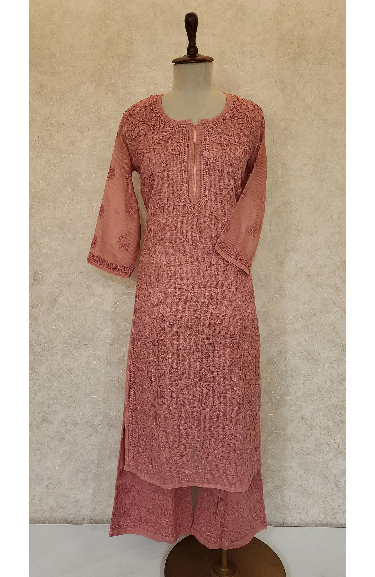 Carrot Pink Pure Kota Chikankari Kurta Slip & Pant Set