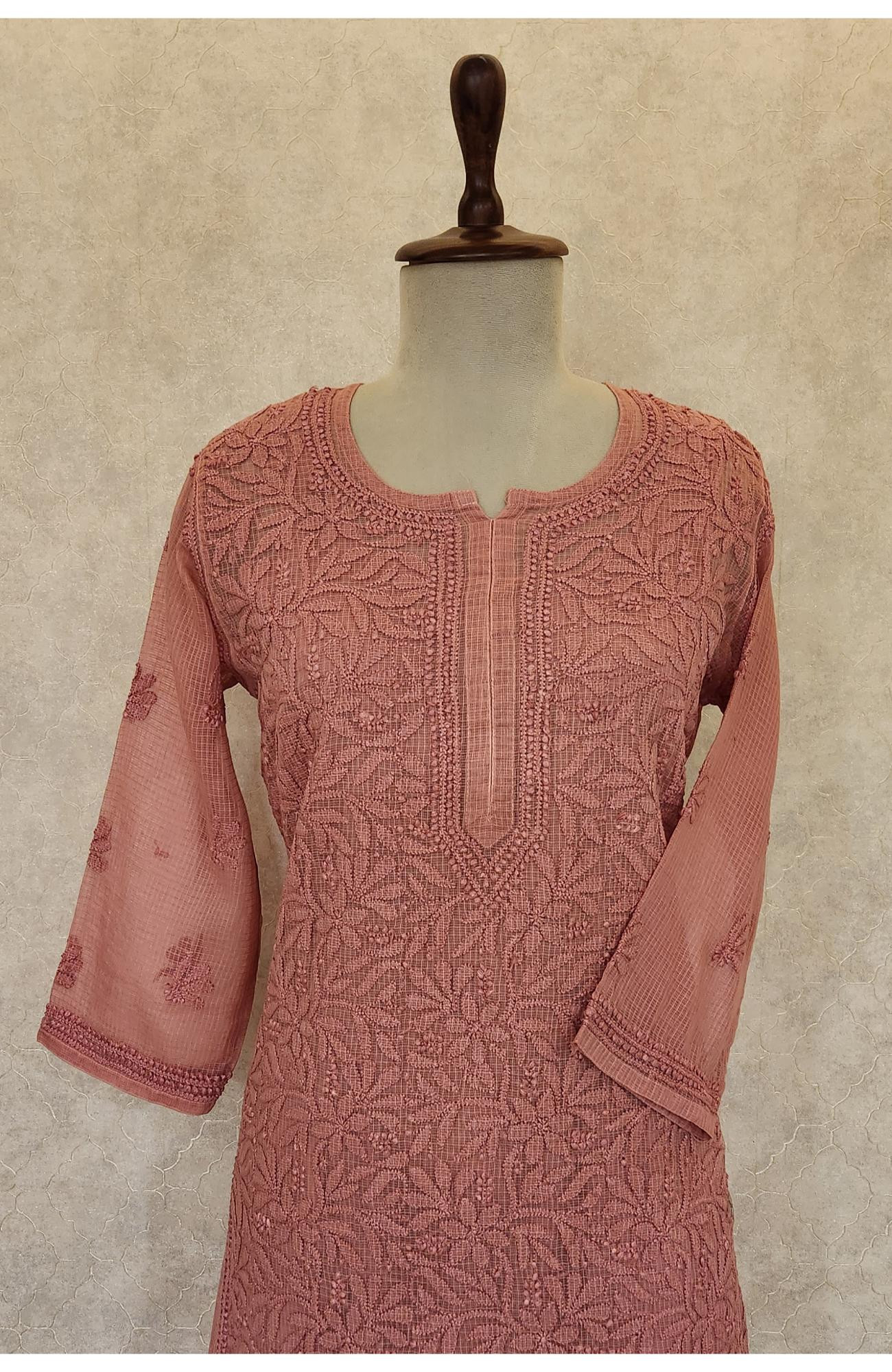 Carrot Pink Pure Kota Chikankari Kurta Slip & Pant Set