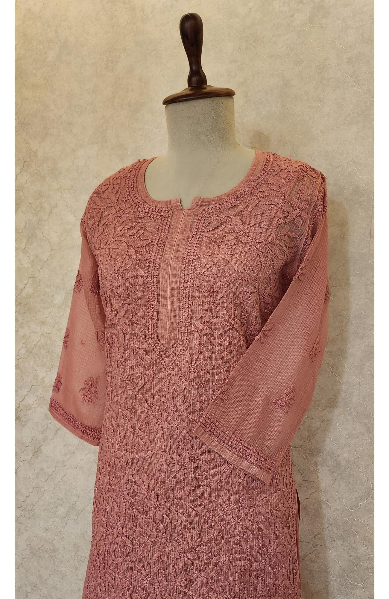 Carrot Pink Pure Kota Chikankari Kurta Slip & Pant Set