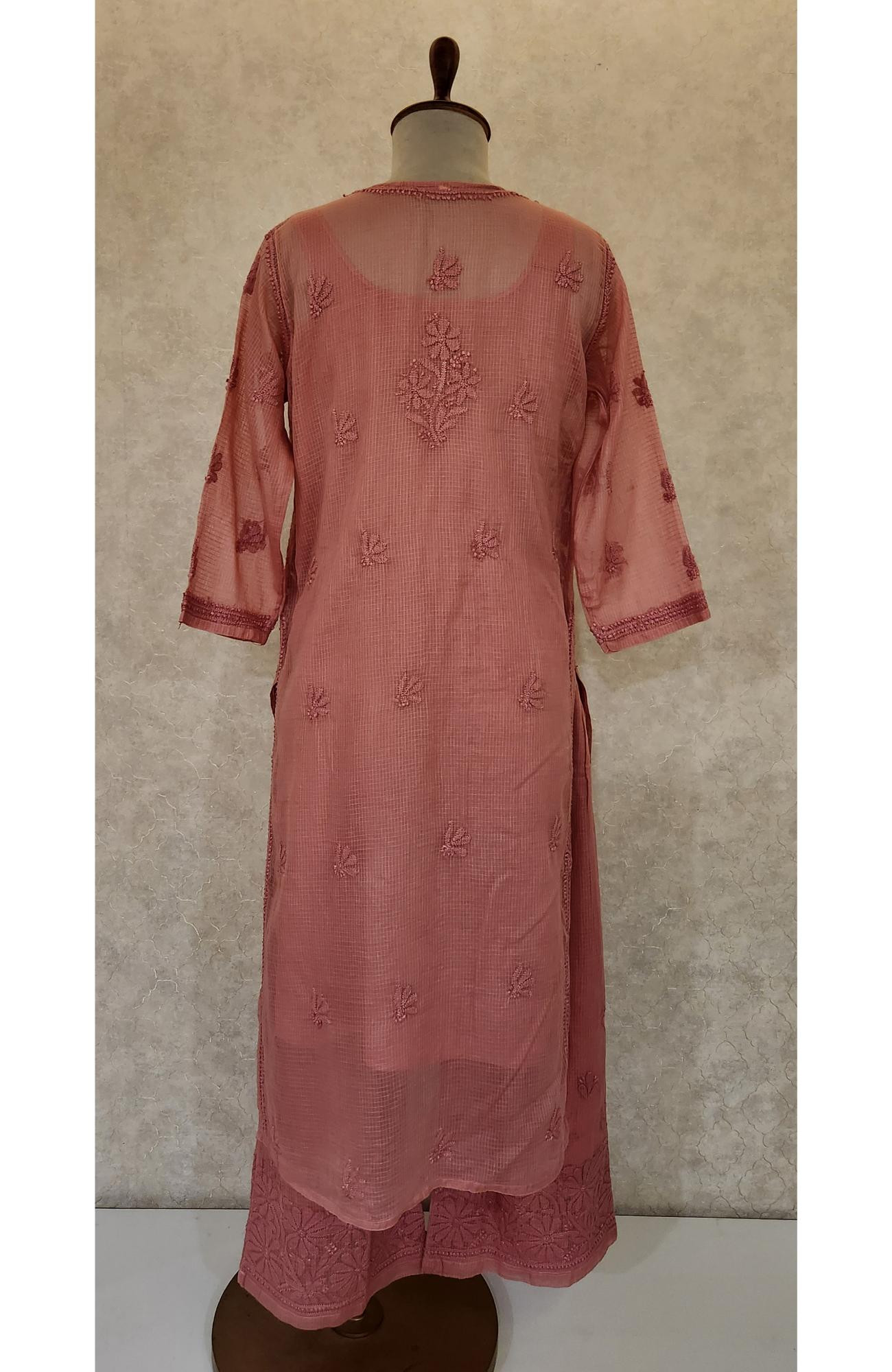 Carrot Pink Pure Kota Chikankari Kurta Slip & Pant Set