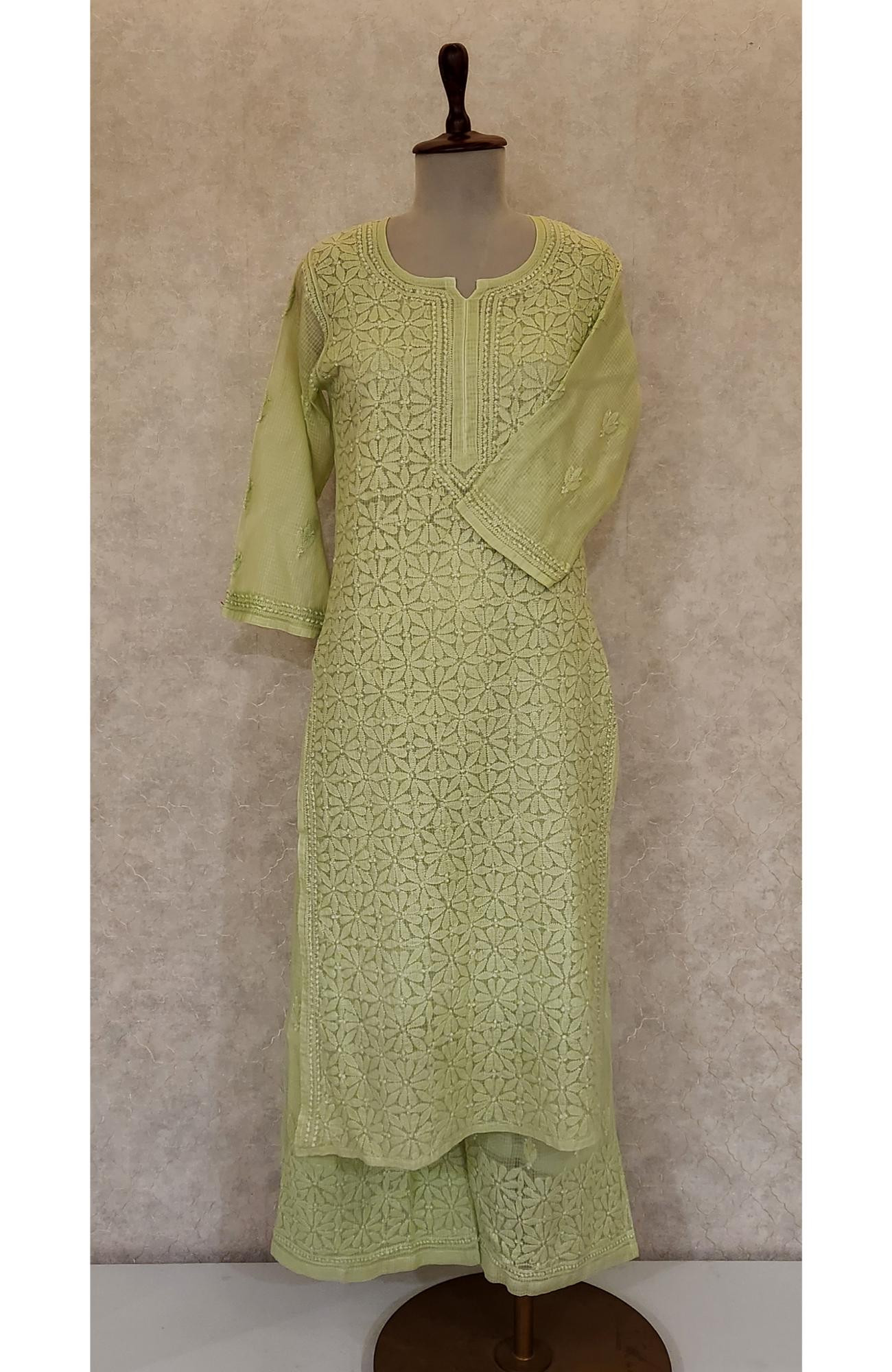 Light Green Pure Kota Chikankari Kurta Slip & Pant Set