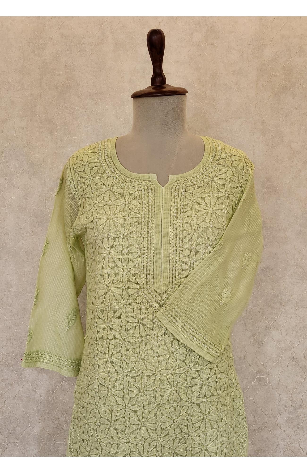 Light Green Pure Kota Chikankari Kurta Slip & Pant Set