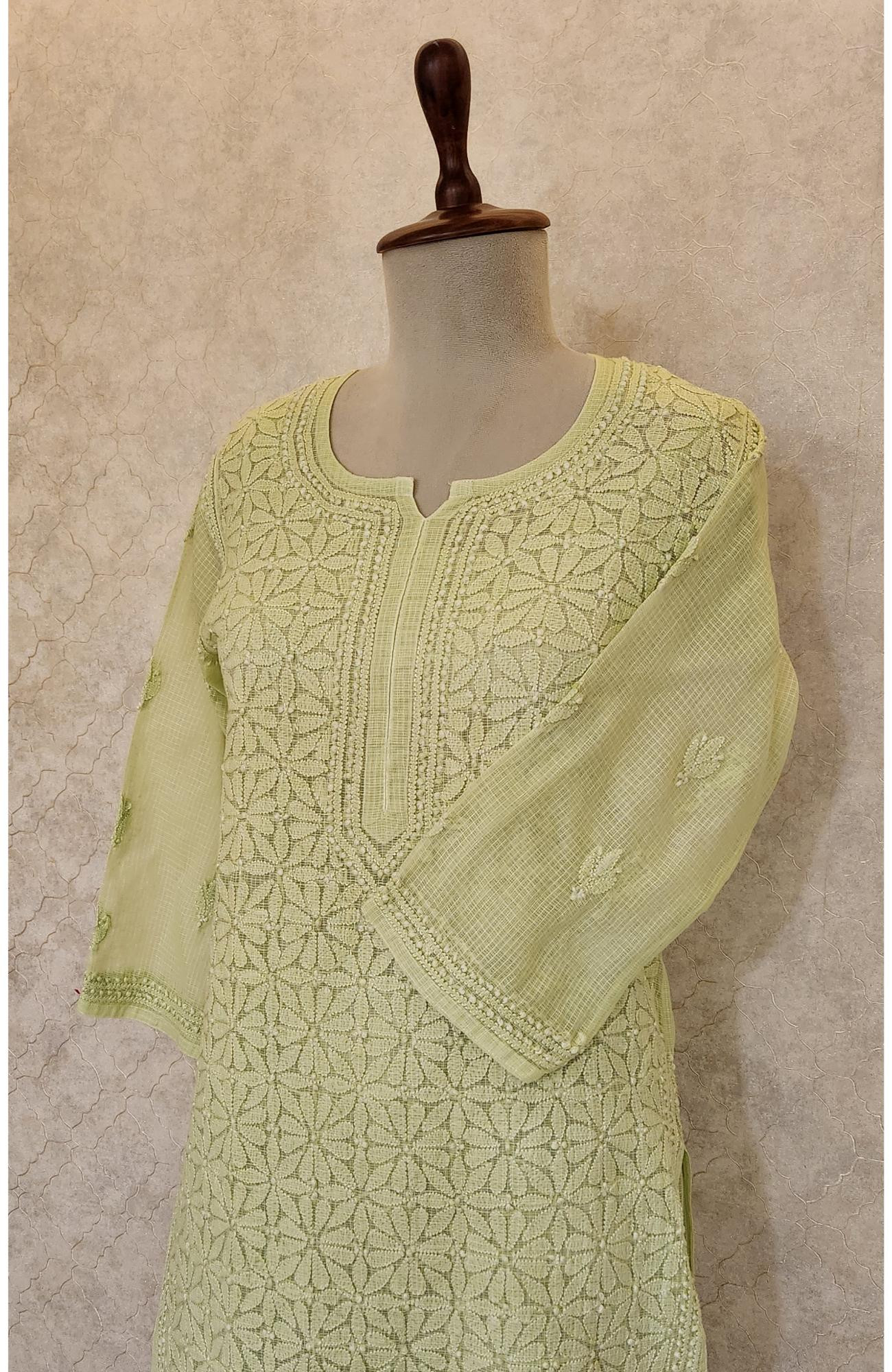 Light Green Pure Kota Chikankari Kurta Slip & Pant Set