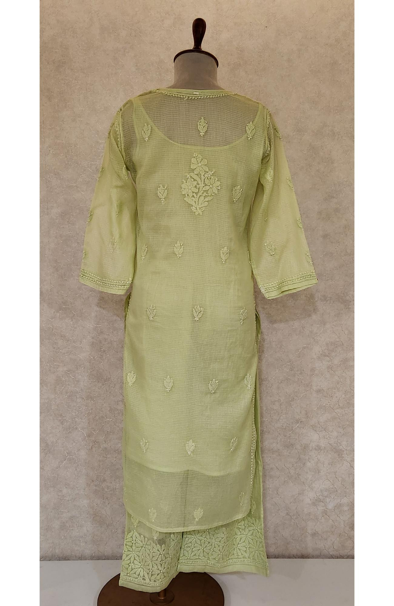 Light Green Pure Kota Chikankari Kurta Slip & Pant Set