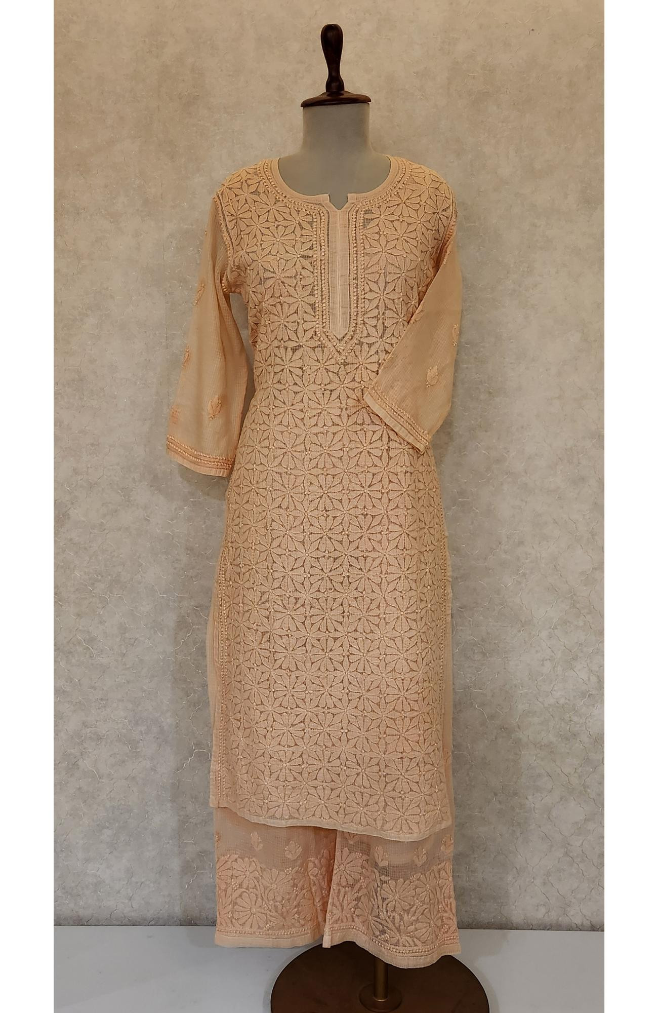 Peach Pure Kota Chikankari Kurta Slip & Pant Set