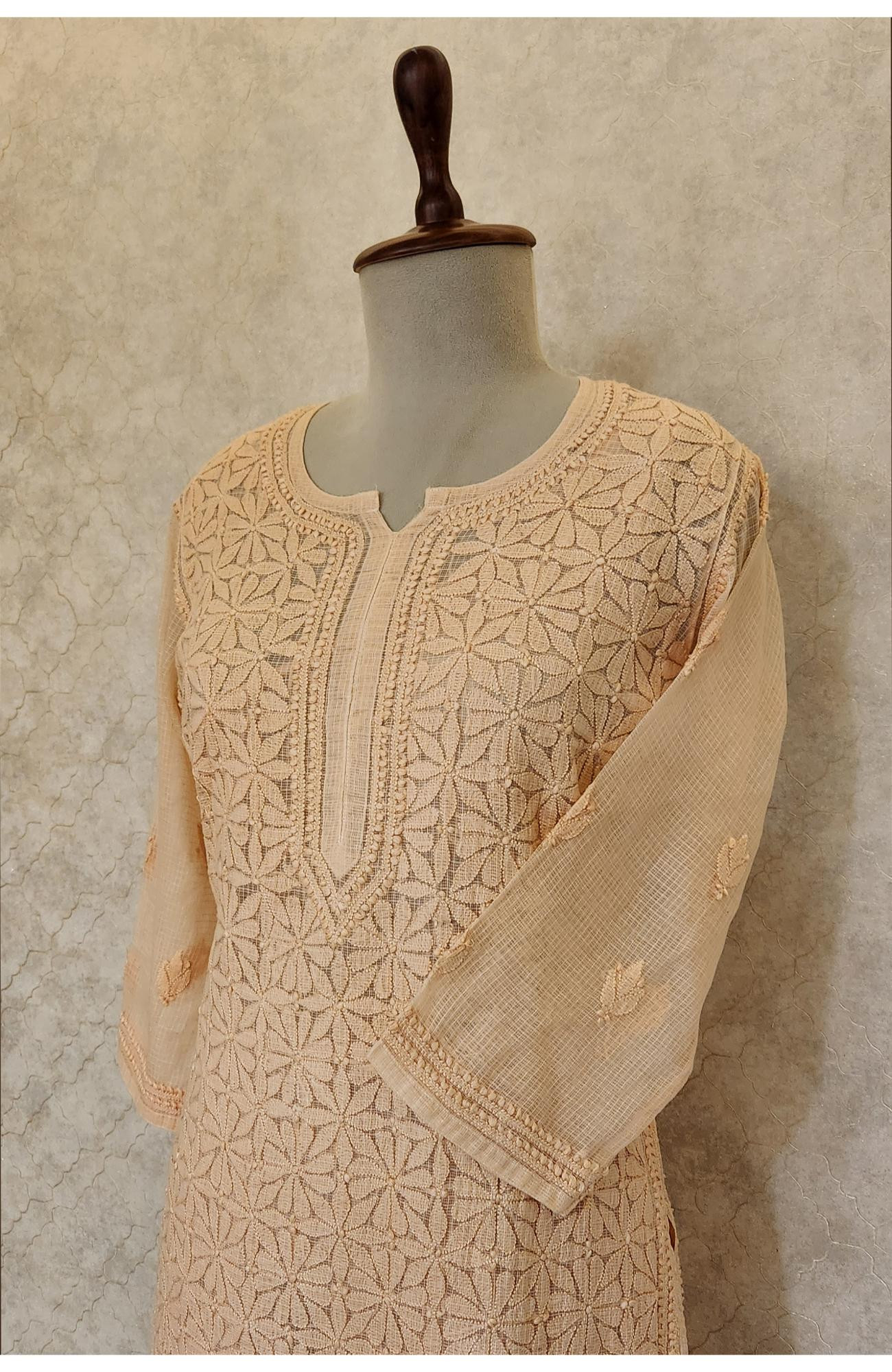 Peach Pure Kota Chikankari Kurta Slip & Pant Set