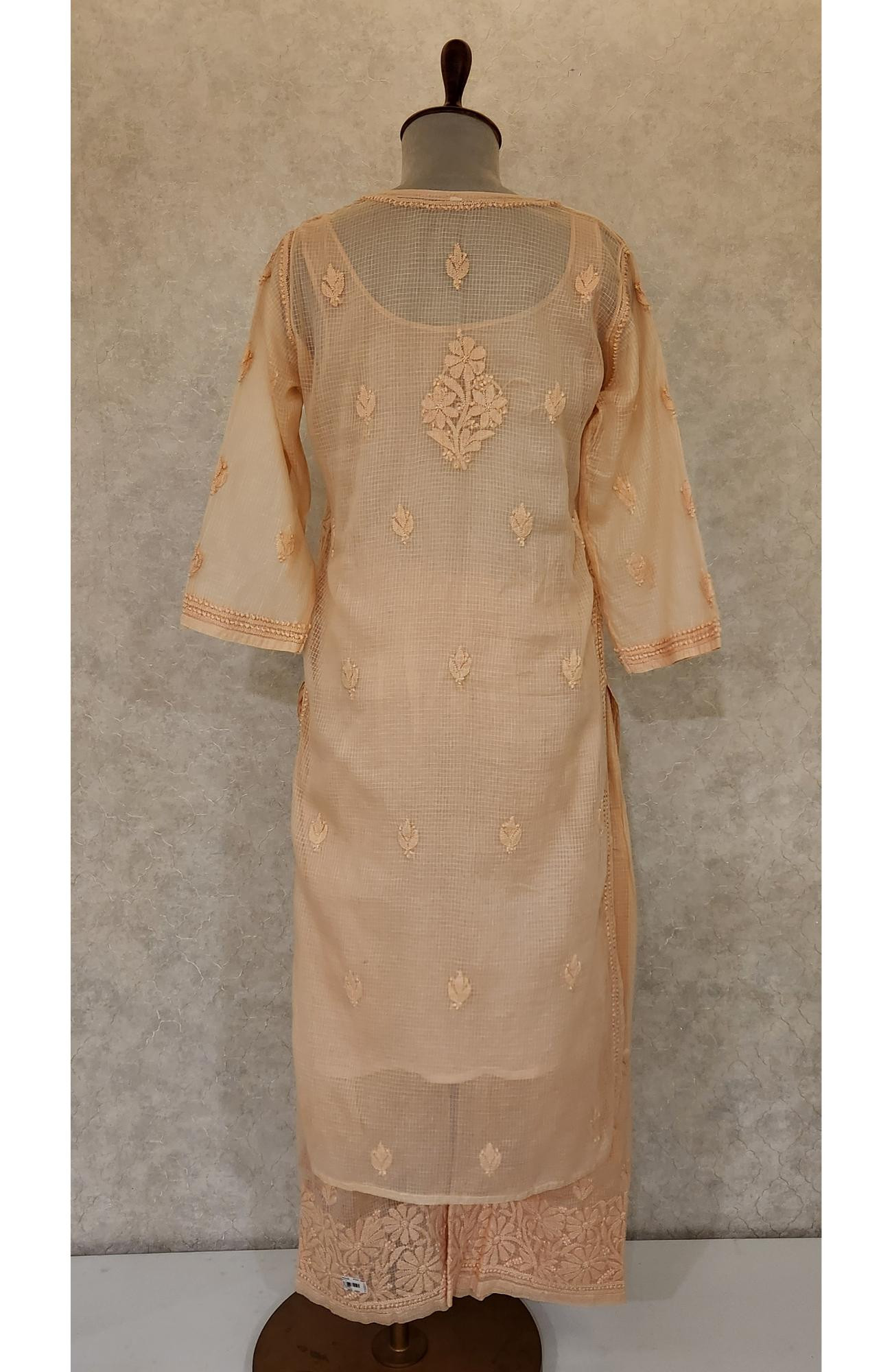 Peach Pure Kota Chikankari Kurta Slip & Pant Set