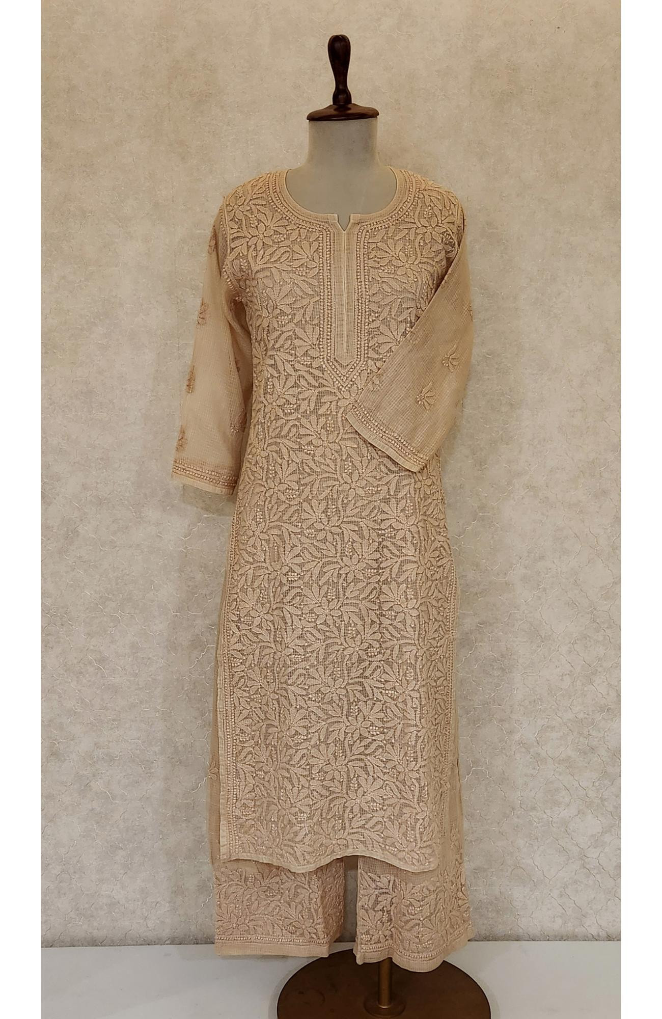 Beige Pure Kota Chikankari Kurta Slip & Pant Set