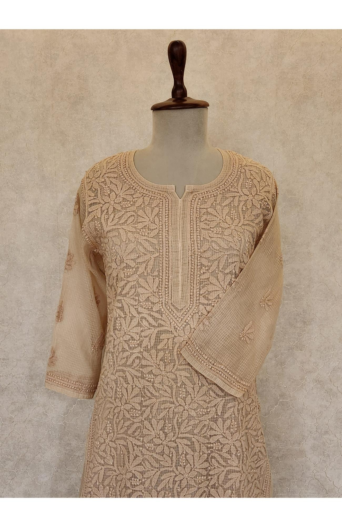 Beige Pure Kota Chikankari Kurta Slip & Pant Set