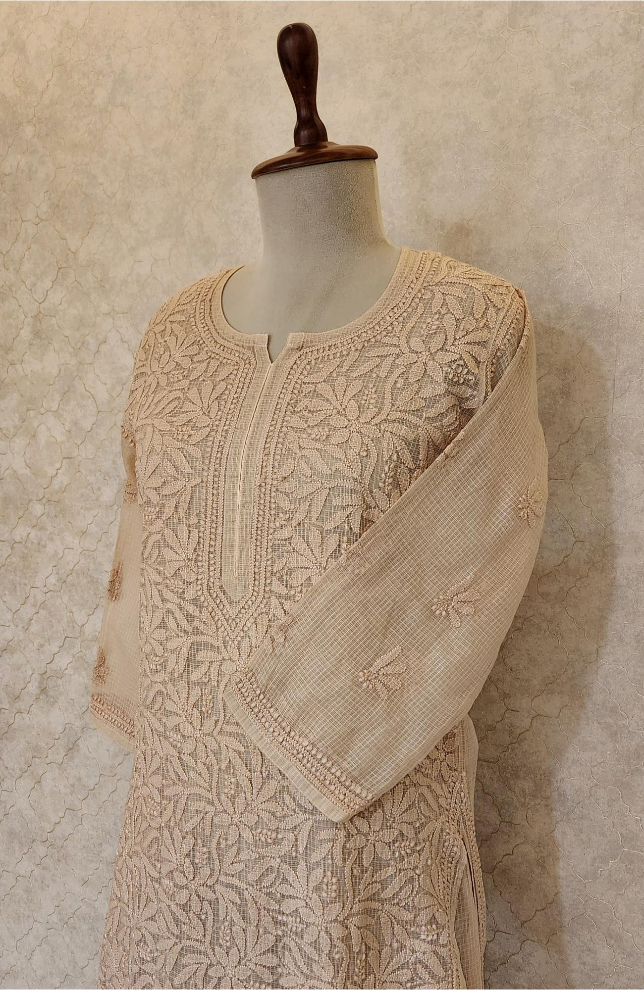 Beige Pure Kota Chikankari Kurta Slip & Pant Set
