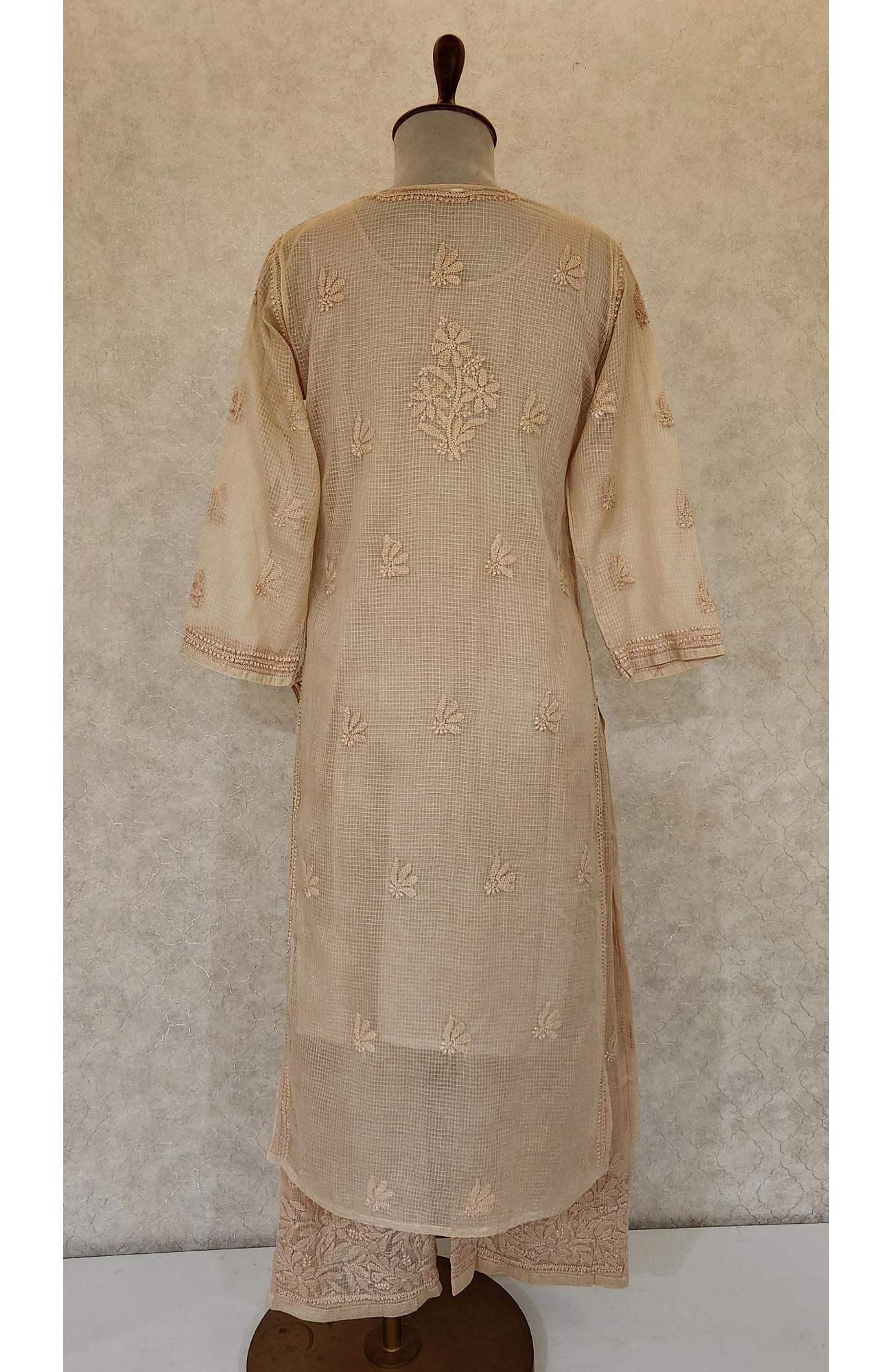Beige Pure Kota Chikankari Kurta Slip & Pant Set
