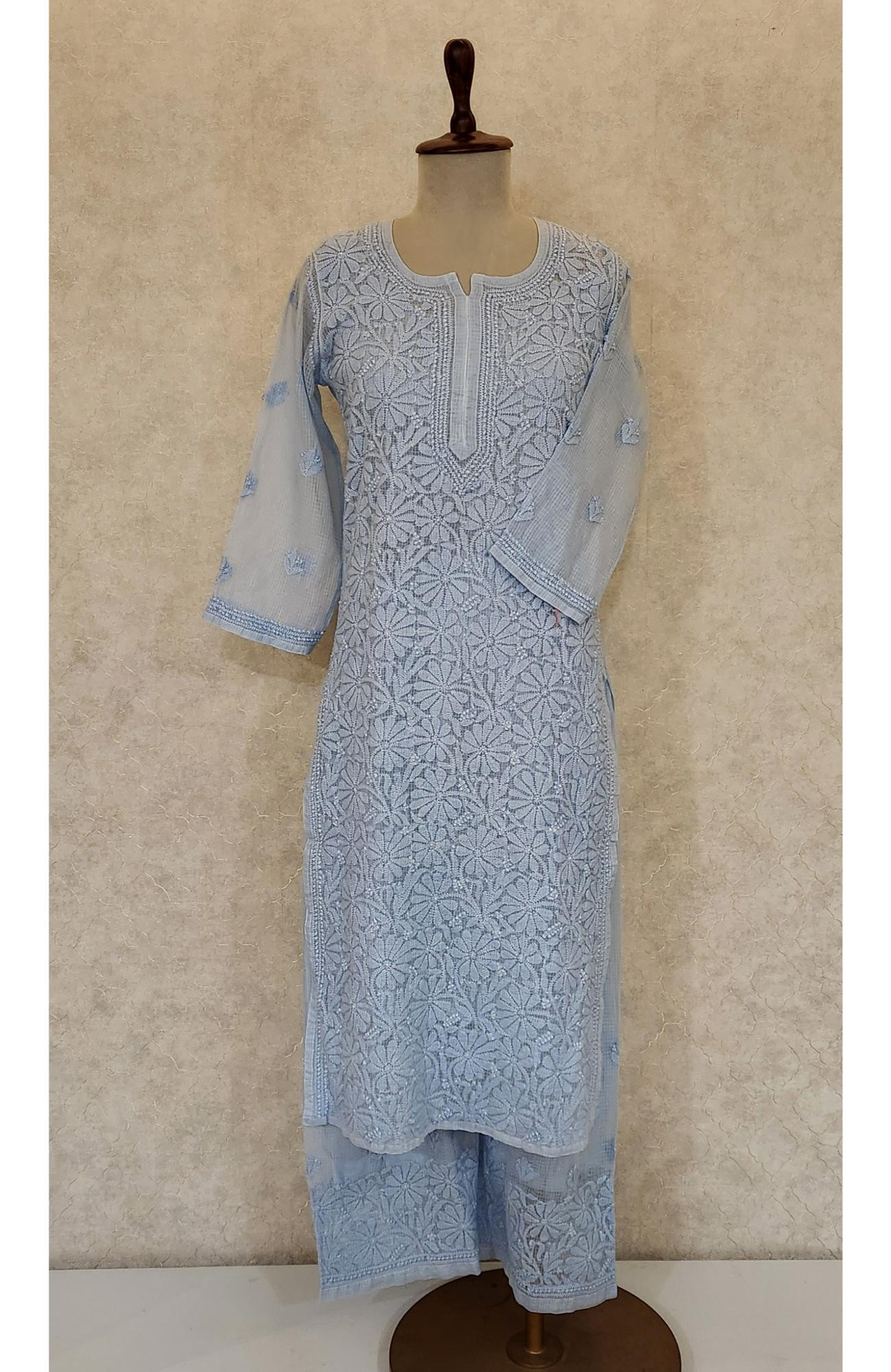 Blue Pure Kota Chikankari Kurta Slip & Pant Set