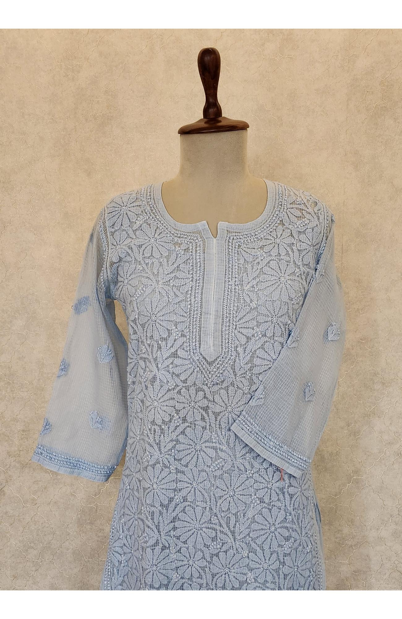 Blue Pure Kota Chikankari Kurta Slip & Pant Set