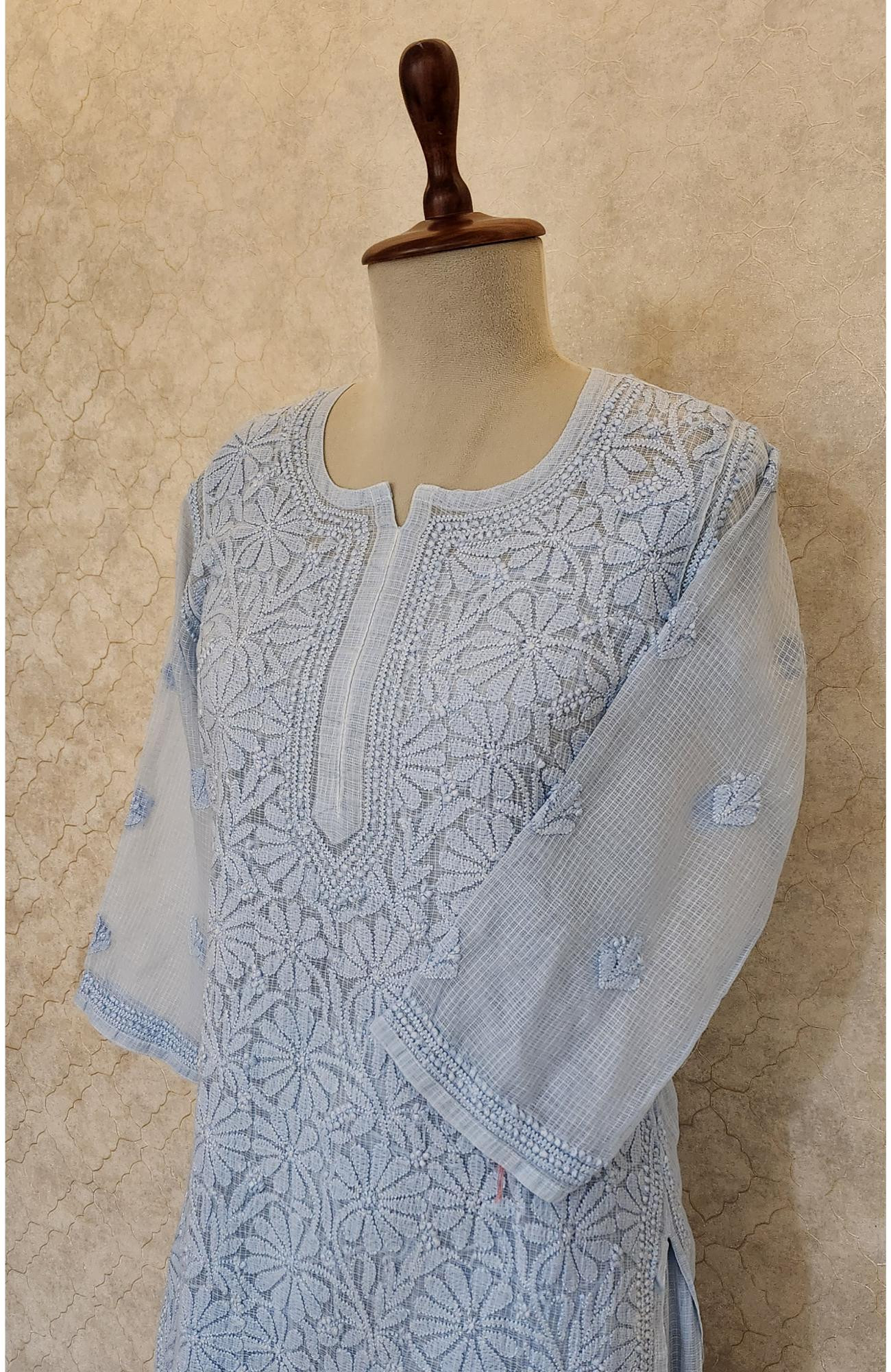Blue Pure Kota Chikankari Kurta Slip & Pant Set