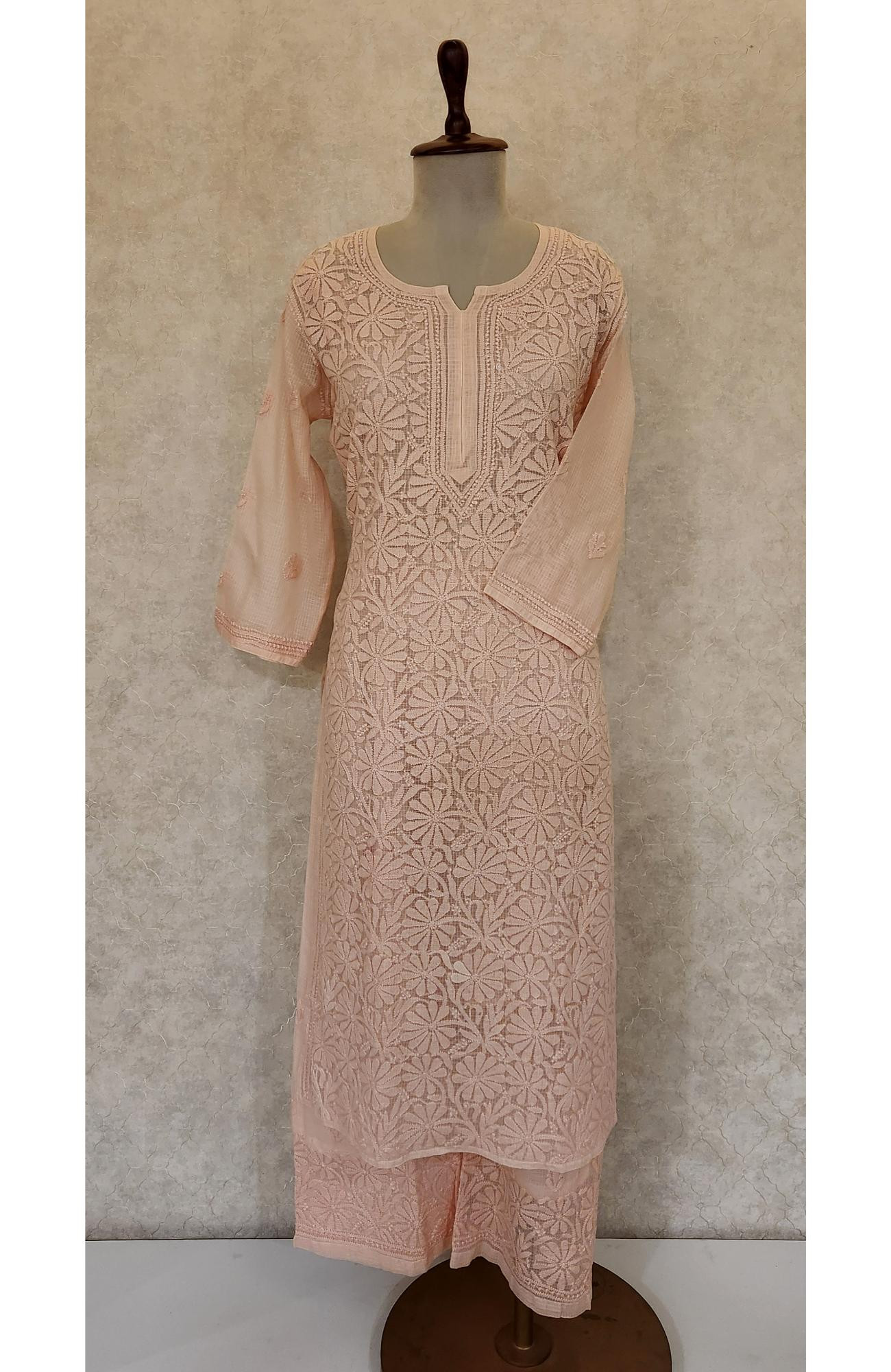 Peach Pink Pure Kota Chikankari Kurta Slip & Pant Set