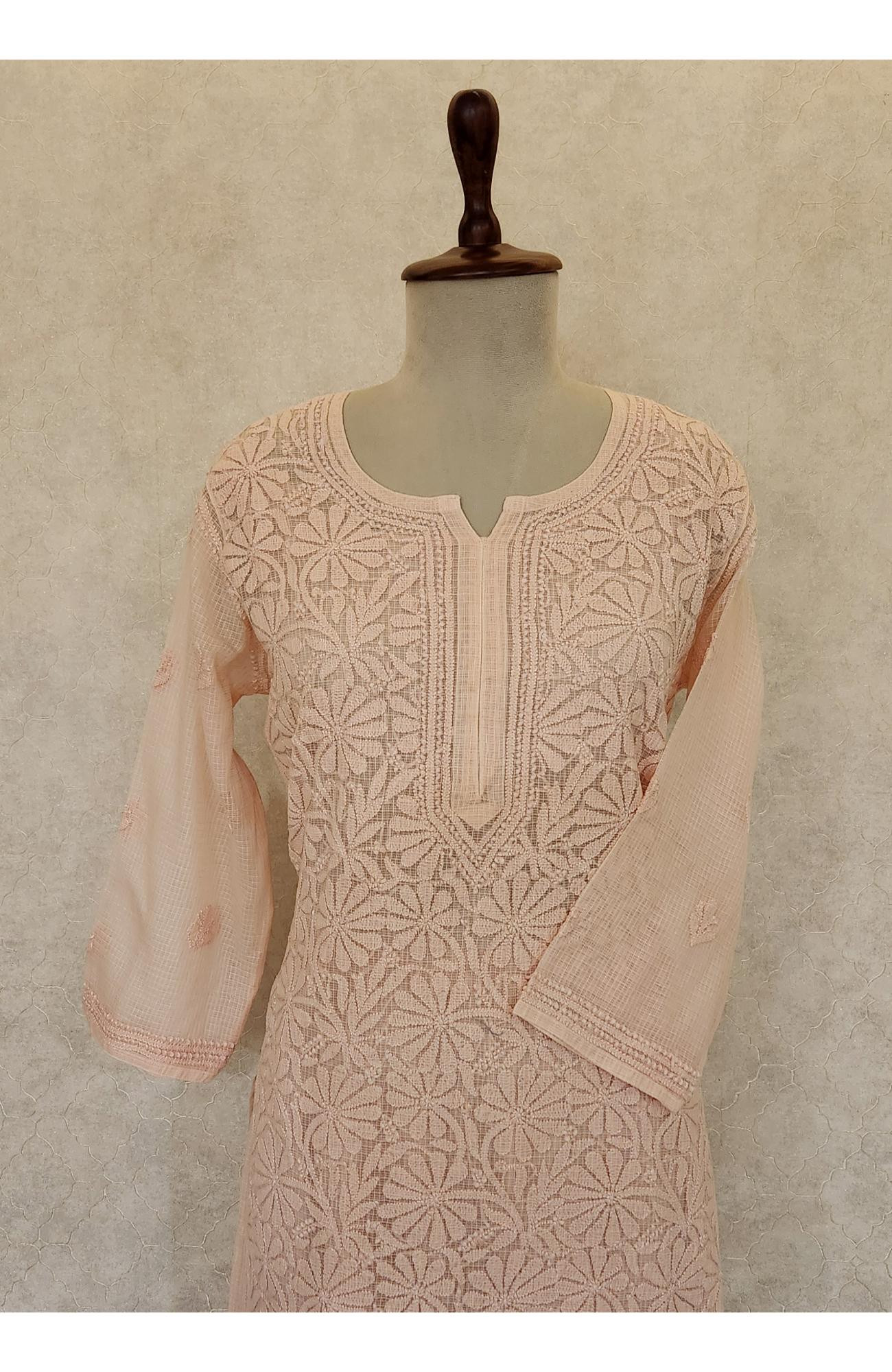 Peach Pink Pure Kota Chikankari Kurta Slip & Pant Set