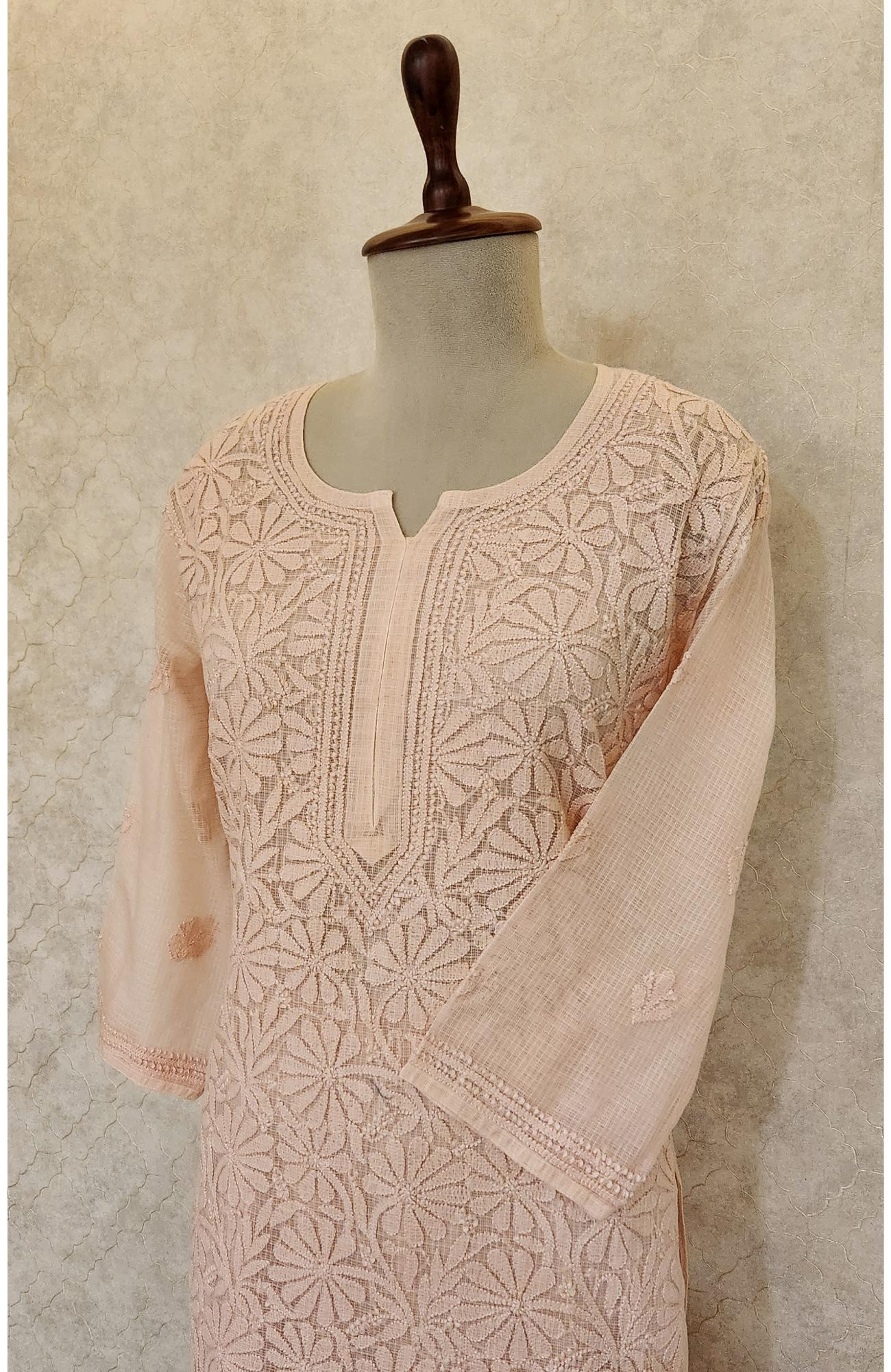 Peach Pink Pure Kota Chikankari Kurta Slip & Pant Set