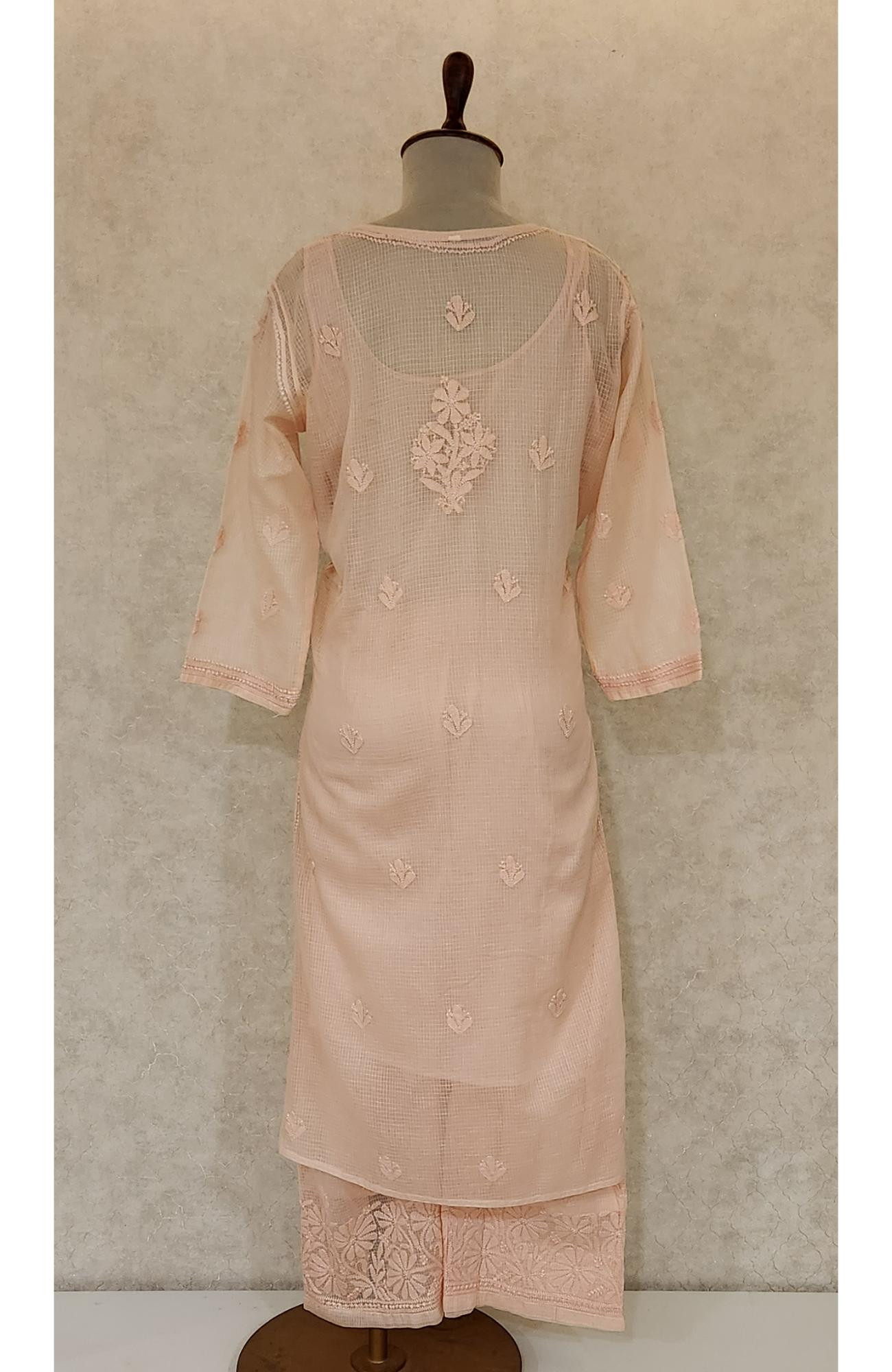 Peach Pink Pure Kota Chikankari Kurta Slip & Pant Set