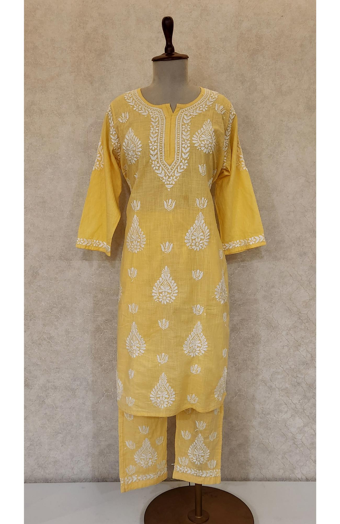 Yellow Cotton Chikankari Kurta & Pant Set