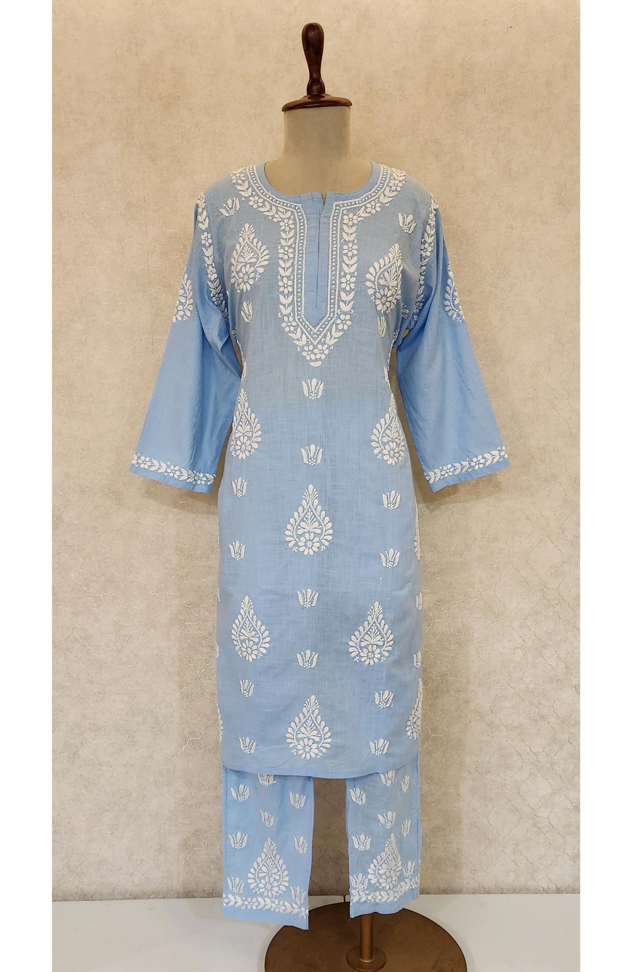 Blue Cotton Chikankari Kurta & Pant Set
