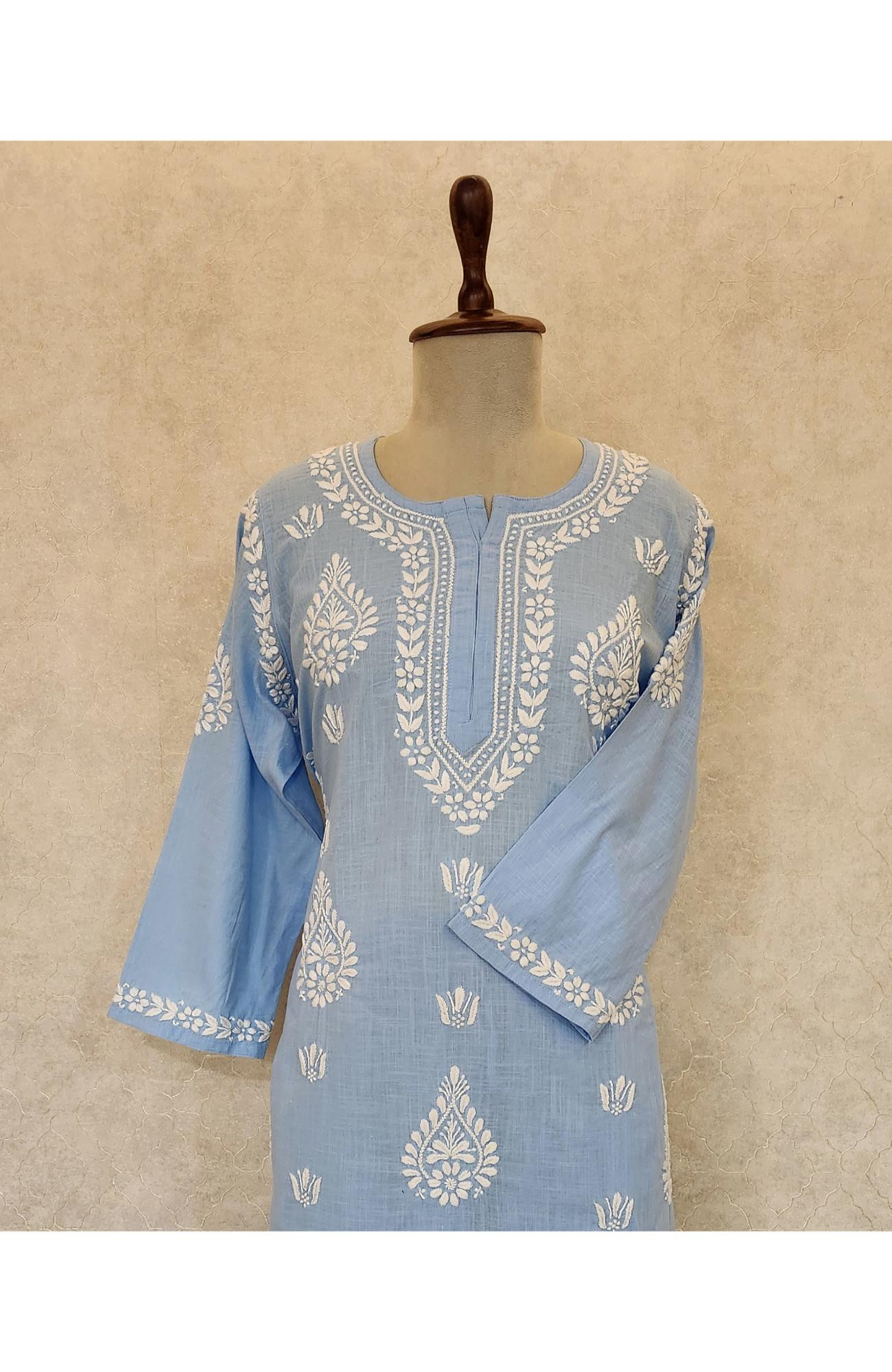 Blue Cotton Chikankari Kurta & Pant Set
