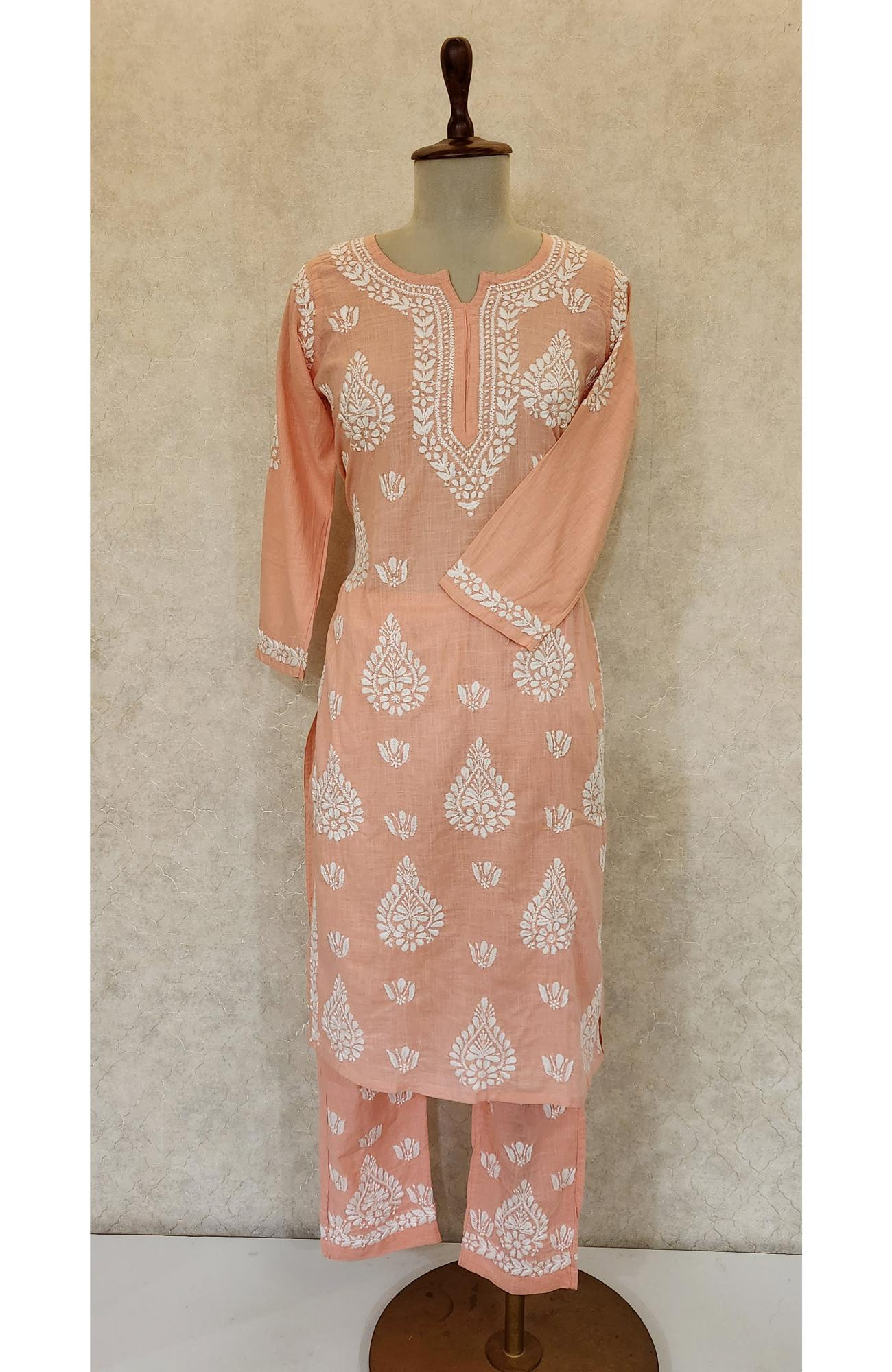Pink  Cotton Chikankari Kurta & Pant Set