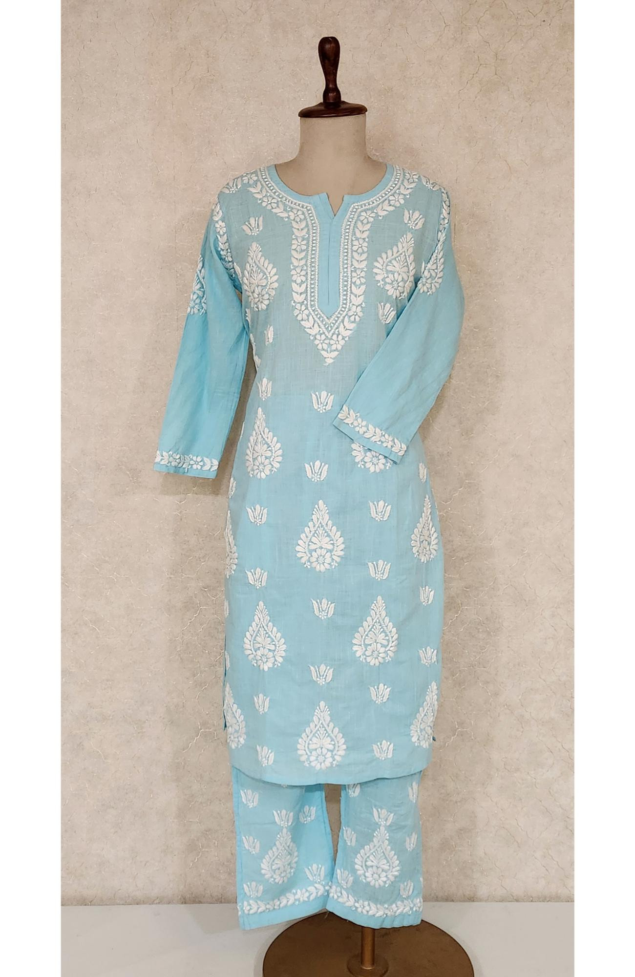 Blue Cotton Chikankari Kurta & Pant Set