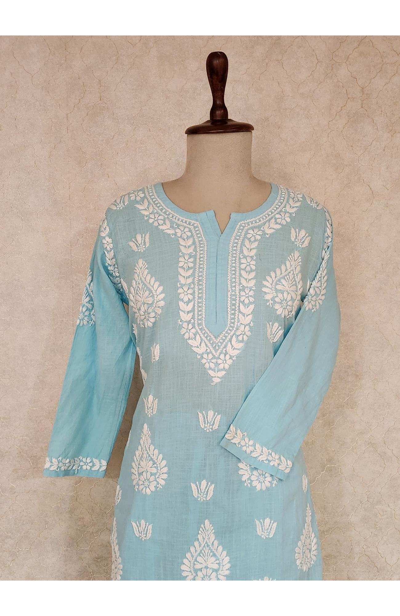 Blue Cotton Chikankari Kurta & Pant Set