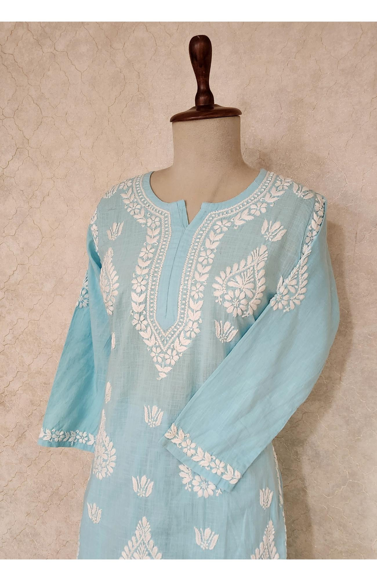 Blue Cotton Chikankari Kurta & Pant Set