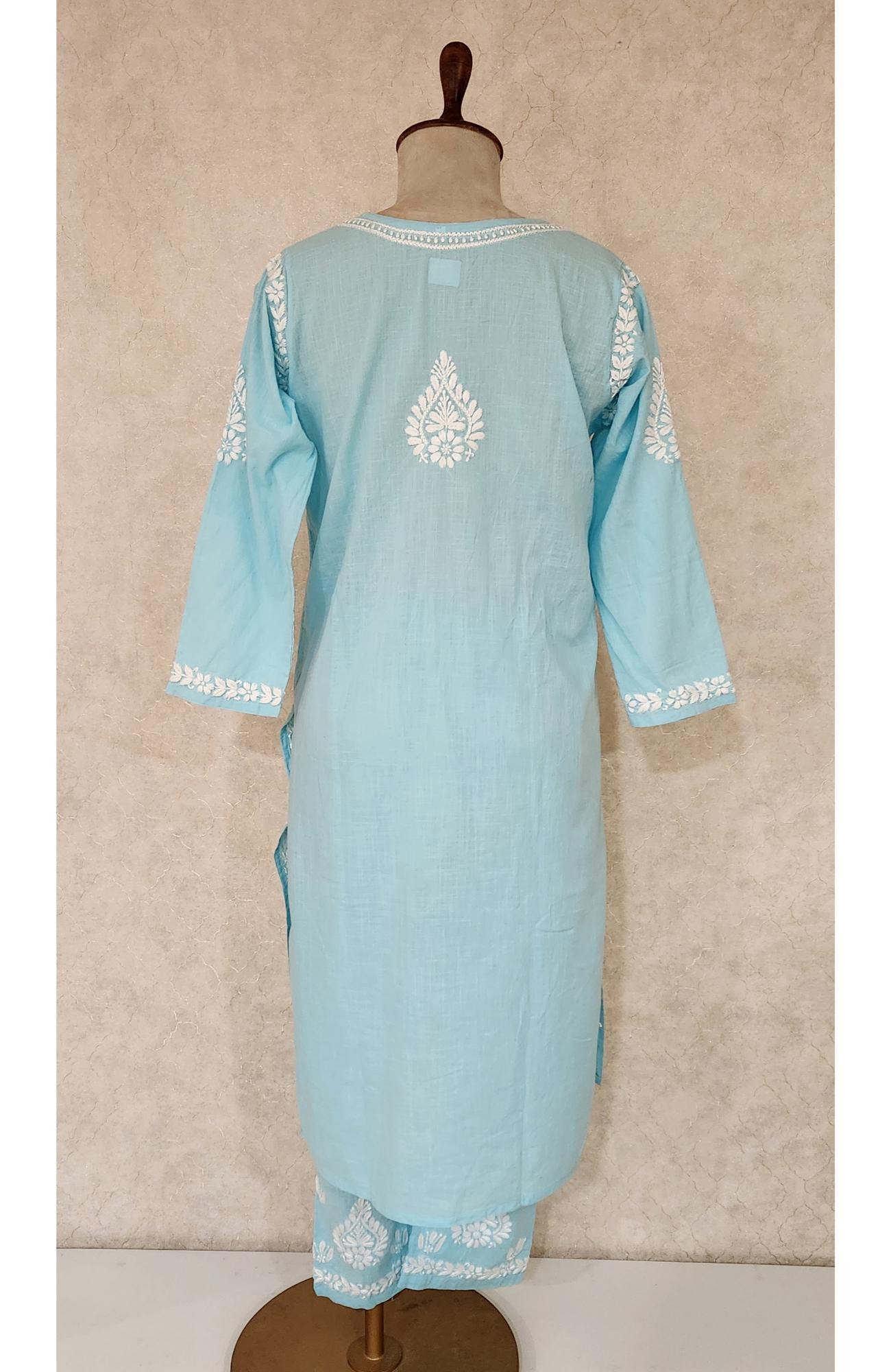 Blue Cotton Chikankari Kurta & Pant Set