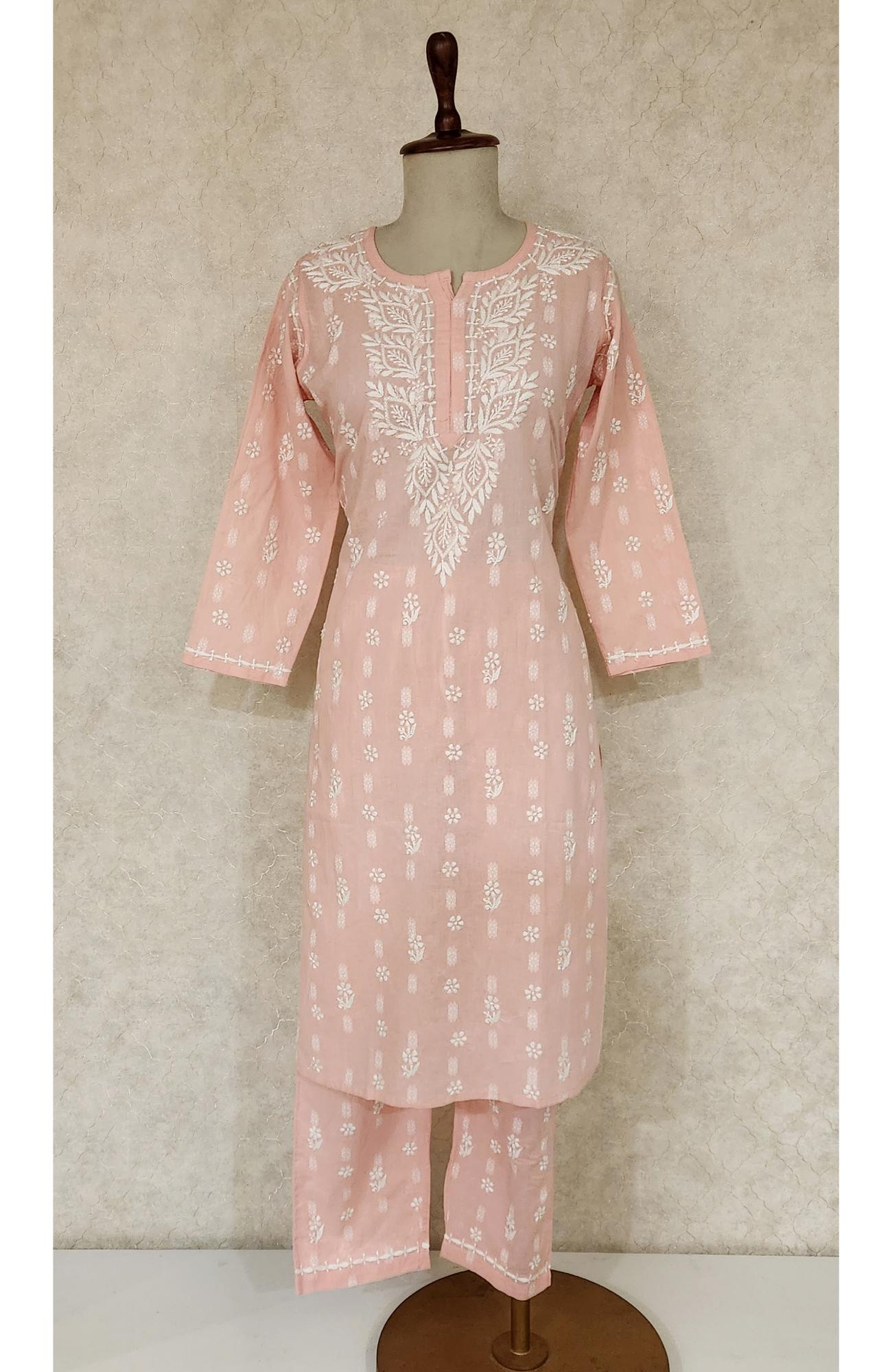 Pink  Cotton Chikankari Kurta & Pant Set